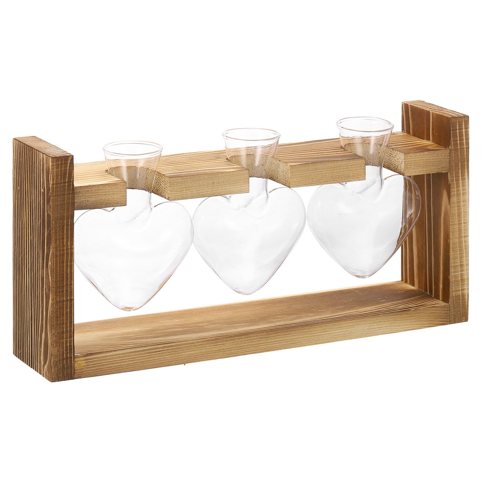 PATIKIL Propagation Vases for Plants with Wooden Stand, Heart Shaped Glass Vase for Home Office Decor Housewarming Gifts, Wood Color (3 Bulb)