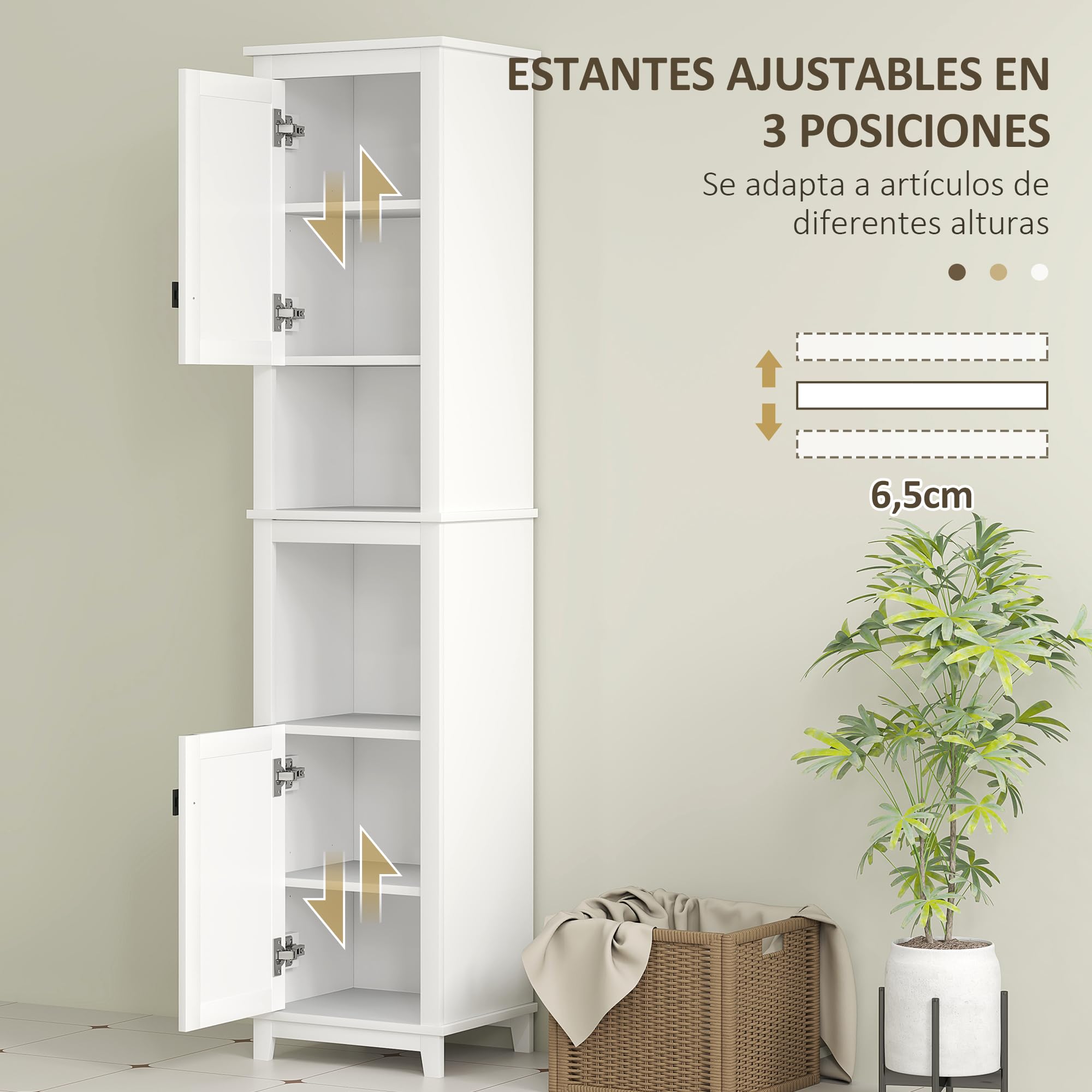 HOMCOM Columna de Baño 2 Puertas y 2 Compartimentos 40x30x167,5 cm Blanco | Frontal de Ratán, Armario Alto de Baño Boho, Estantes Ajustables
