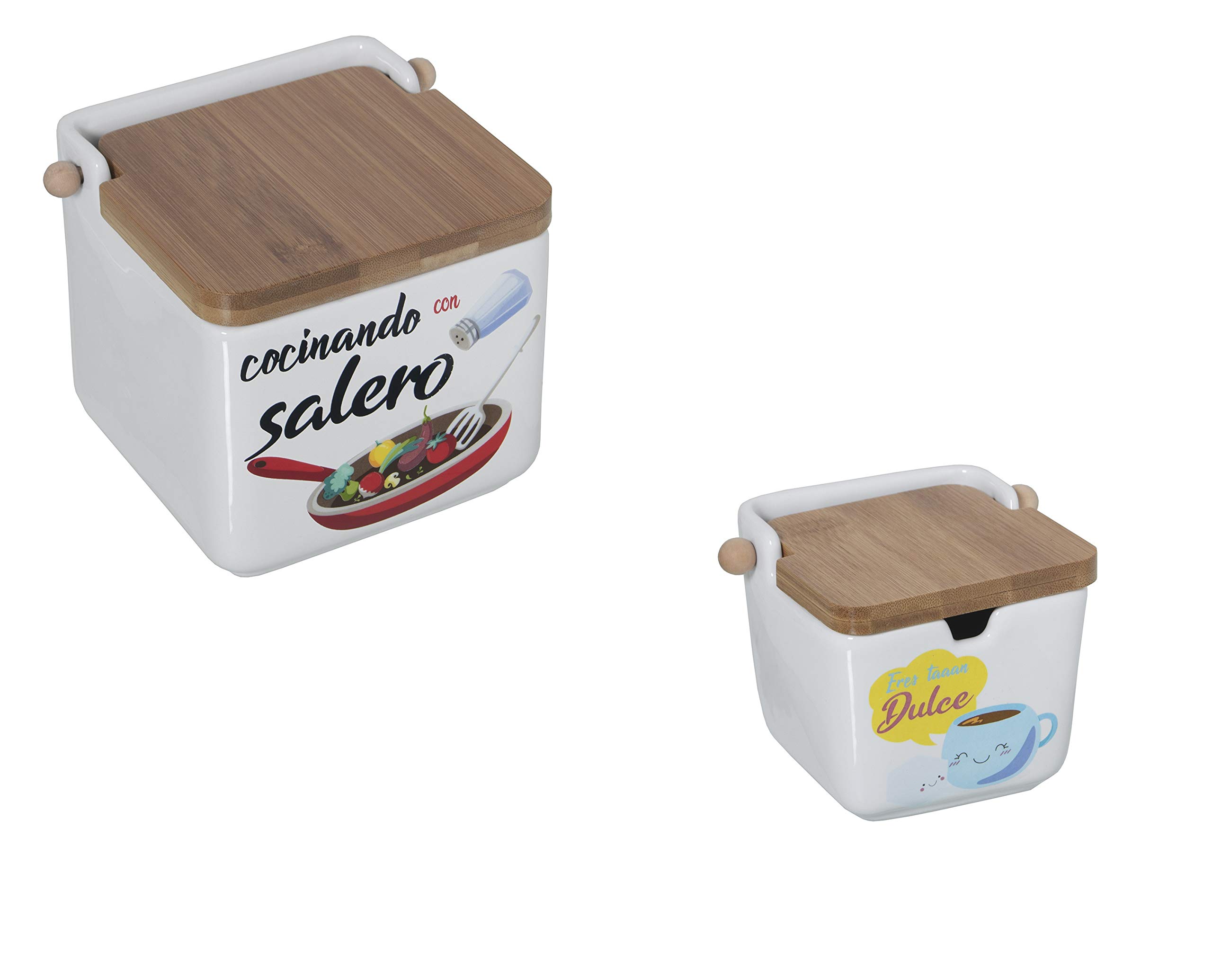 Salero Azucarero Cerámica Salero Y Azucarero De Cerámica Con Tapa Bambú -  12x12x12 Cm, Pack De 4, Diseño Cuadrado Salero Cocina, image size:2560x2070