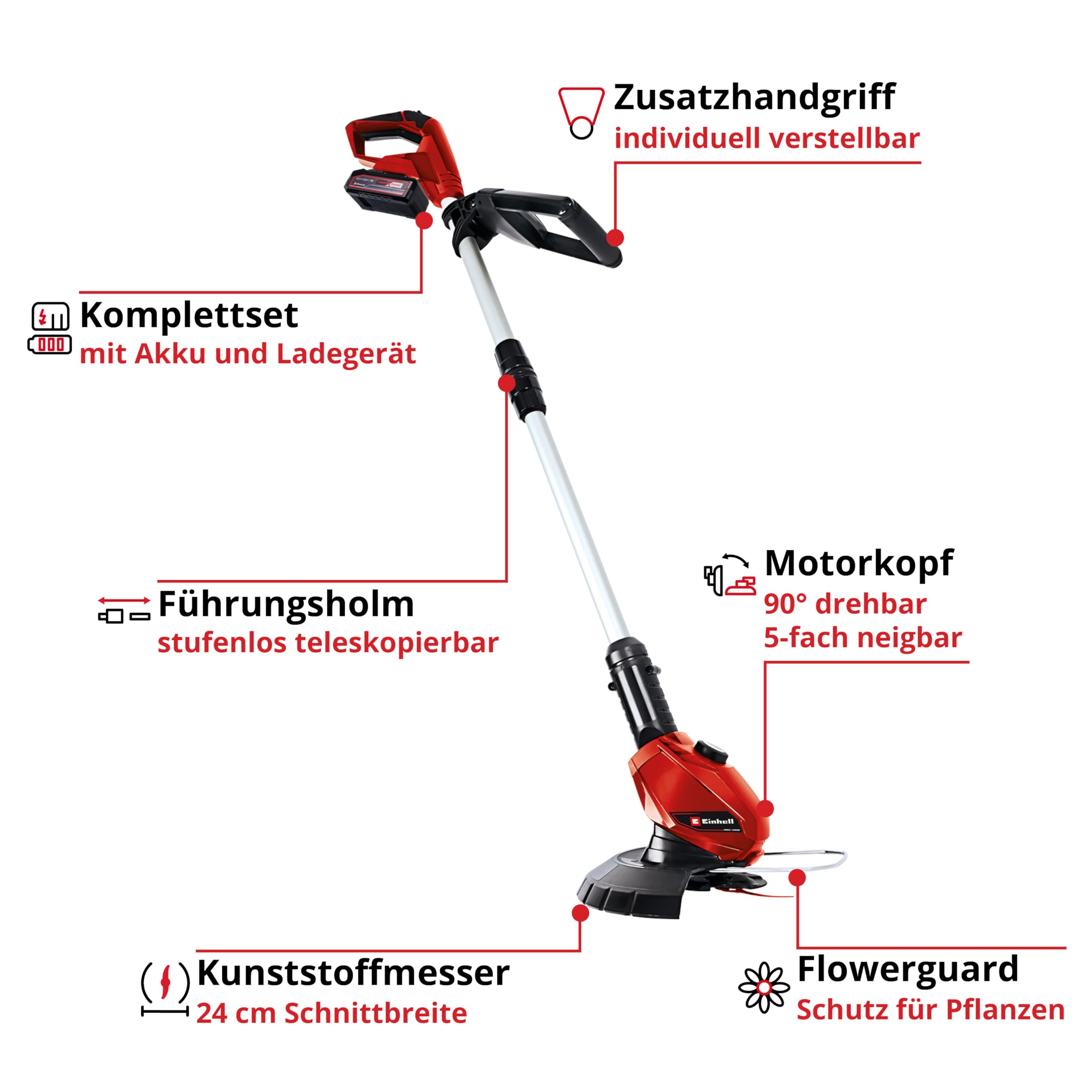 Einhell Akku-Rasentrimmer GE-CT 18 Li (1x 2,5 Ah) Power X-Change (18 V, Motorkopf drehbar und neigbar, Flowerguard, inkl. 20 Kunststoffmesser, inkl. 2,5 Ah Akku und Ladegerät)