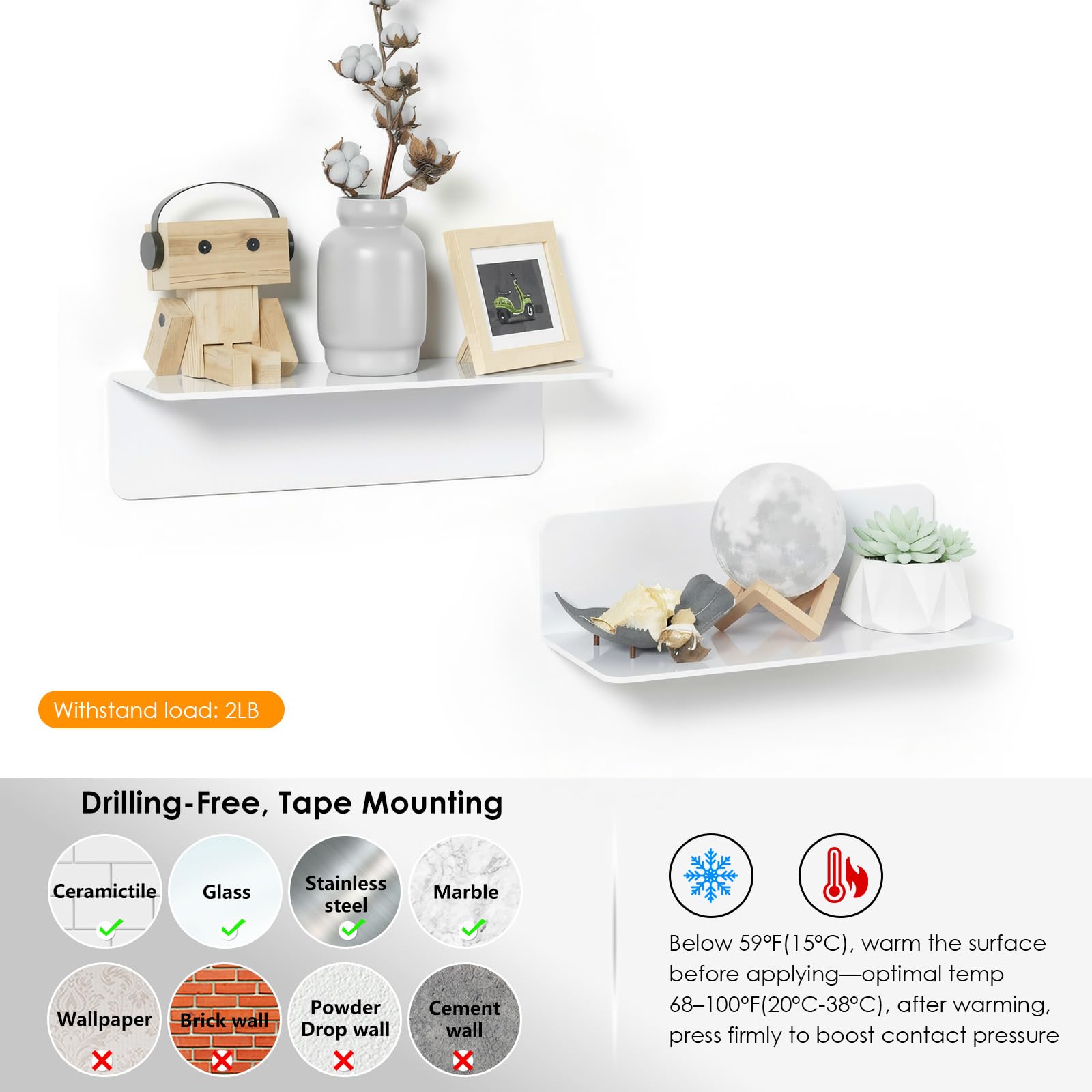 OAPRIRE Estanteria Pared Blanca Juego de 2, 23cm Baldas Pared Sin Agujeros de Acrílico con Clips Cables para Dormitorio, Baño, Cocina, Sala de Estar, Oficina, Amplíe Fácilmente El Espacio de la Pared