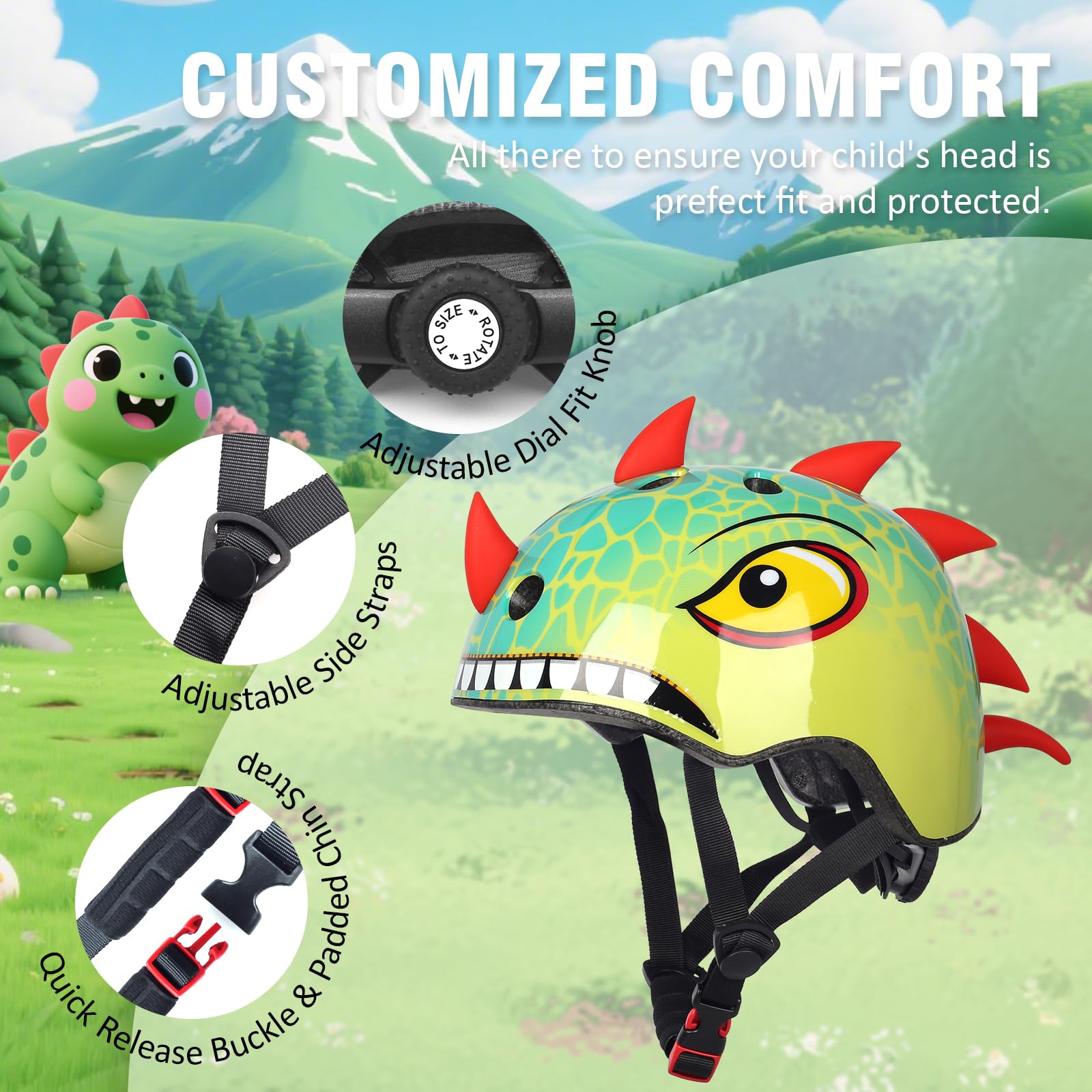 Casco de Bicicleta para niños pequeños con diseño de Dinosaurio, Ajustable y Ligero para niños y niñas, Casco multideportivo para Bicicleta, Scooter, monopatín, 2 tamaños, Desde niños pequeños hasta