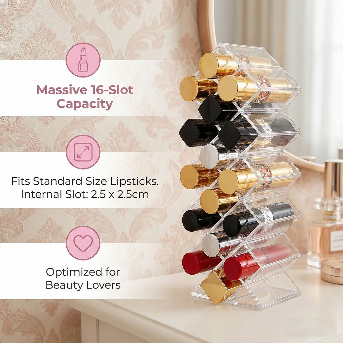 2 Piezas Organizador de Pintalabios,Transparente Soporte para Ranura para Brillo Labios de 32 Compartimentos,Soporte de Lápiz Labial Caja Almacenamiento de Cosméticos para Baño, Tocador
