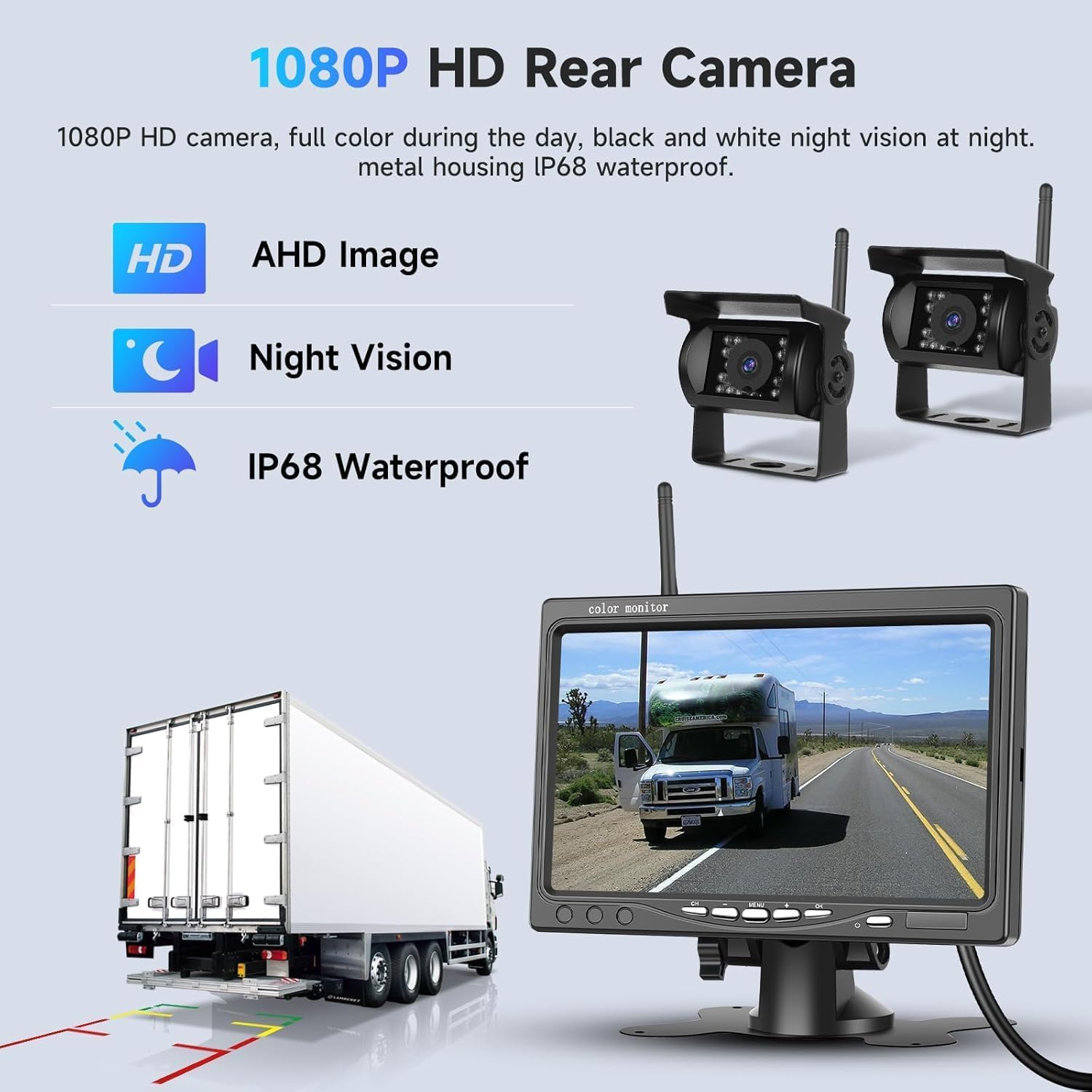 SIXWIN Kit Telecamere Retromarcia Wireless 1080P HD con Monitor 7 Pollici,2 Telecamere per Auto, Camper, Camion | Impermeabile IP68, Visione Notturna, Linee Guida, 12V-36V