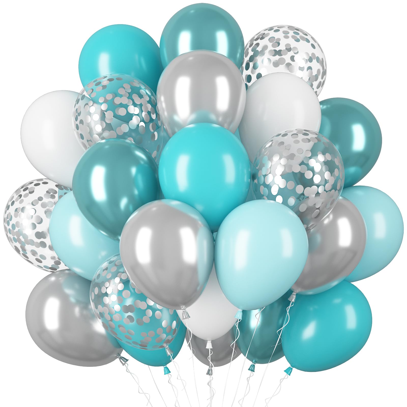 Balloons Turquoise Silver White, Pack of 60 Metallic Silver Balloons Birthday, 12 Inch Blue Latex Helium Balloons, Party Balloon for Wedding, Birthday, Baby Party, Bridal Shower, Graduation — image 1