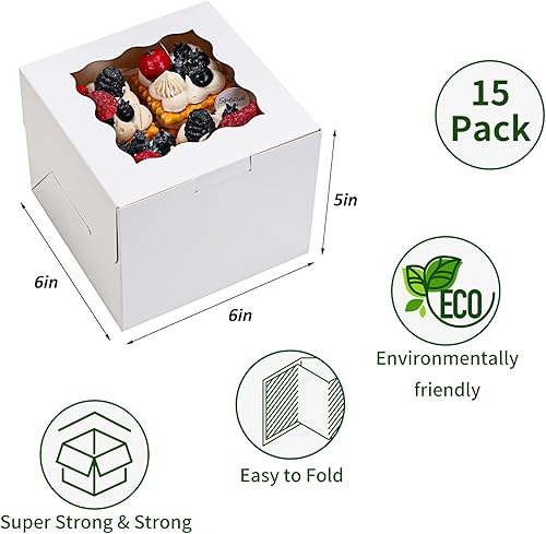 Miniatura 2 de Moretoes 15 cajas de panadería, cajas pequeñas para tartas de 6 x 6 x 5 pulgadas, cajas de galletas con ventana, cajas blancas para cupcakes para