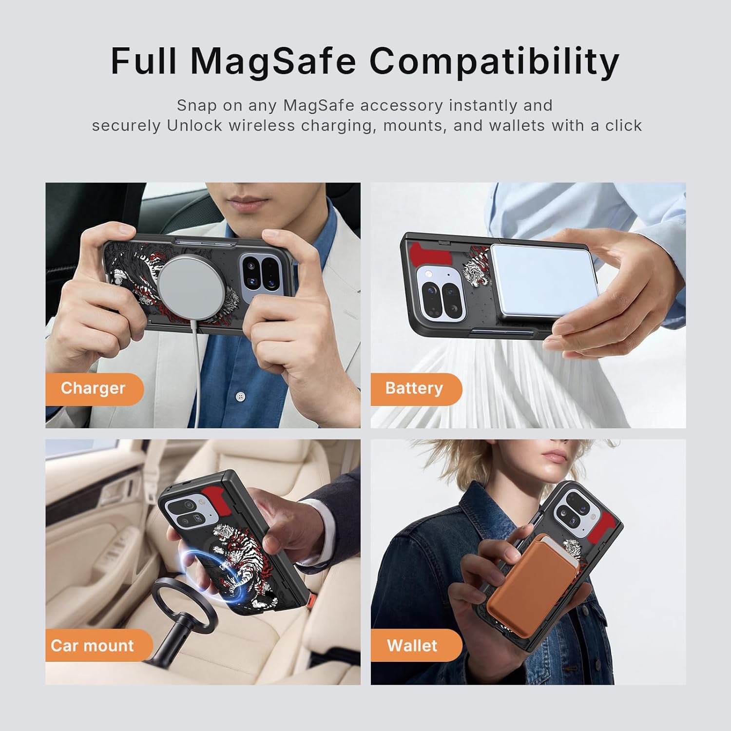 Magnetic for Google Pixel 10 Pro Fold Case with Magsafe - Built-in [Screen Protector] [Hinge Protection] [Kickstand] - Full Body Protective Phone Case - White Tiger Black