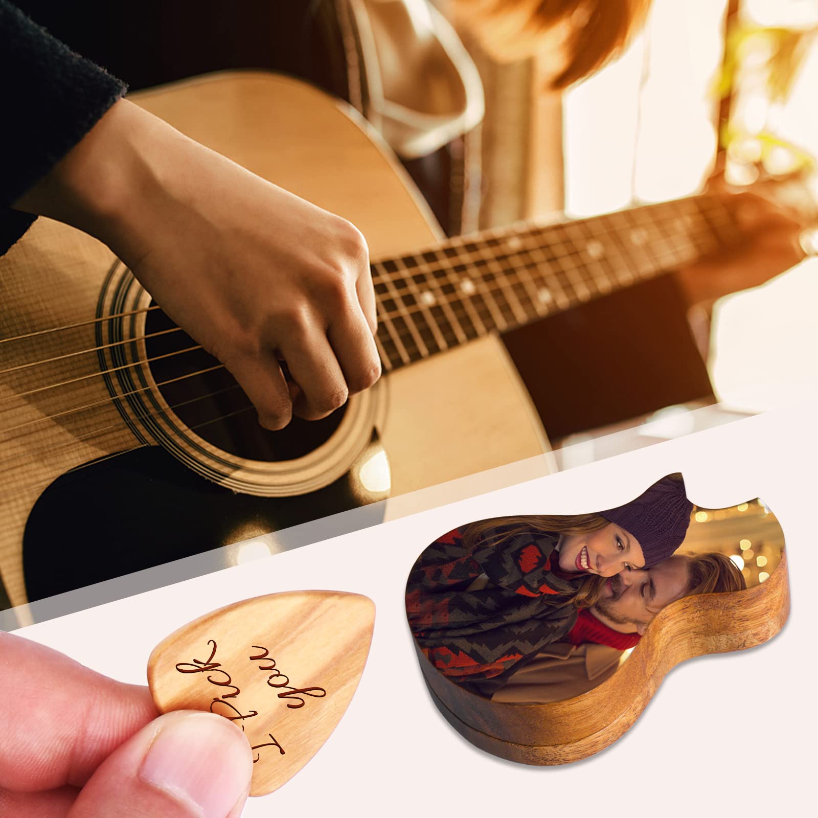 MaWeeTn Médiators de guitare personnalisés avec étui gravé - Boîte de médiators en bois - Cadeau