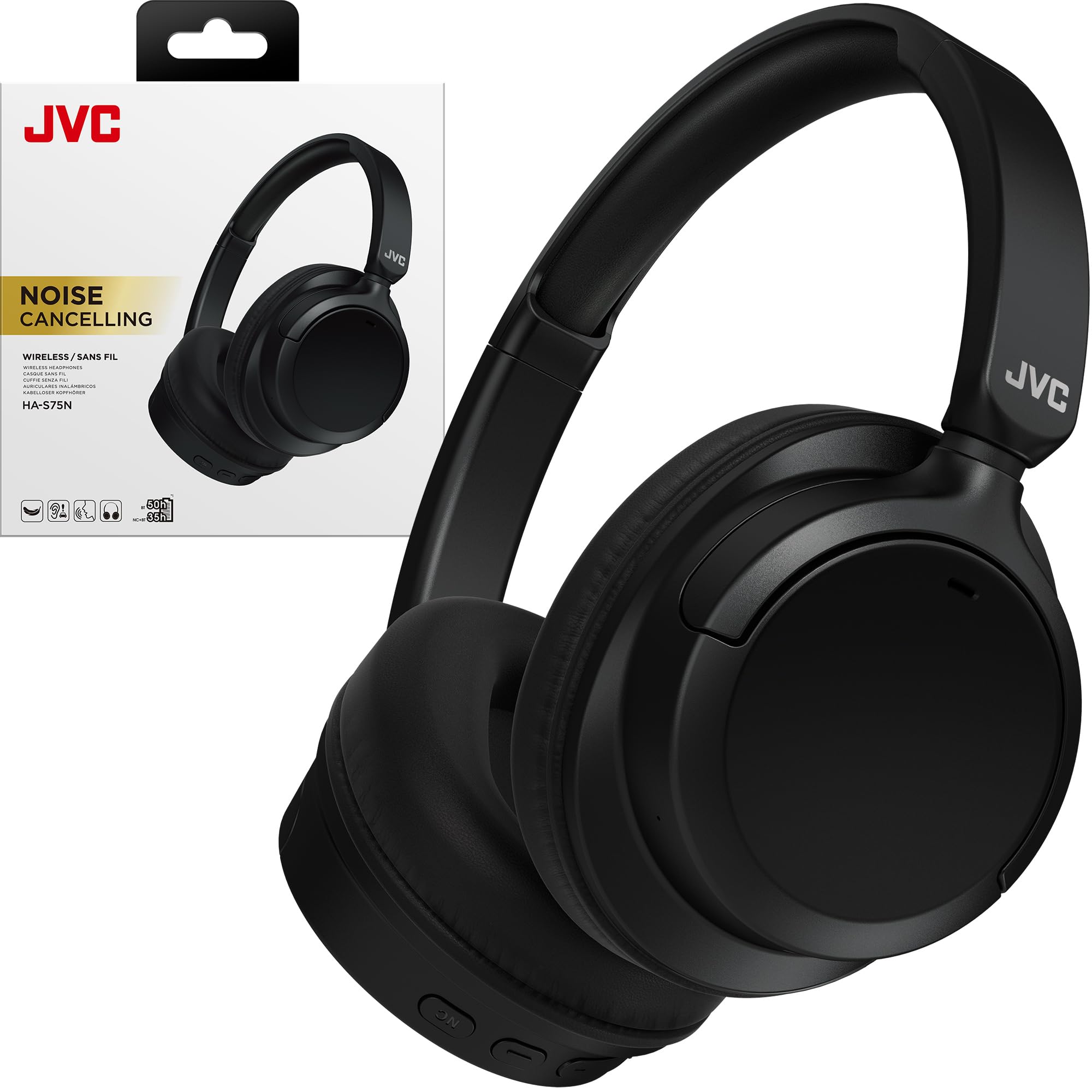 JVC Over Ear Wireless Active Noise Cancelling Headphones - Bluetooth 5.3 - Ambient Mode, 3 Audio Modes, Soft Comfort Pads, 35 Hr Battery, Foldable & Lightweight – Mic- Travel & All-Day Wear - HA-S75N