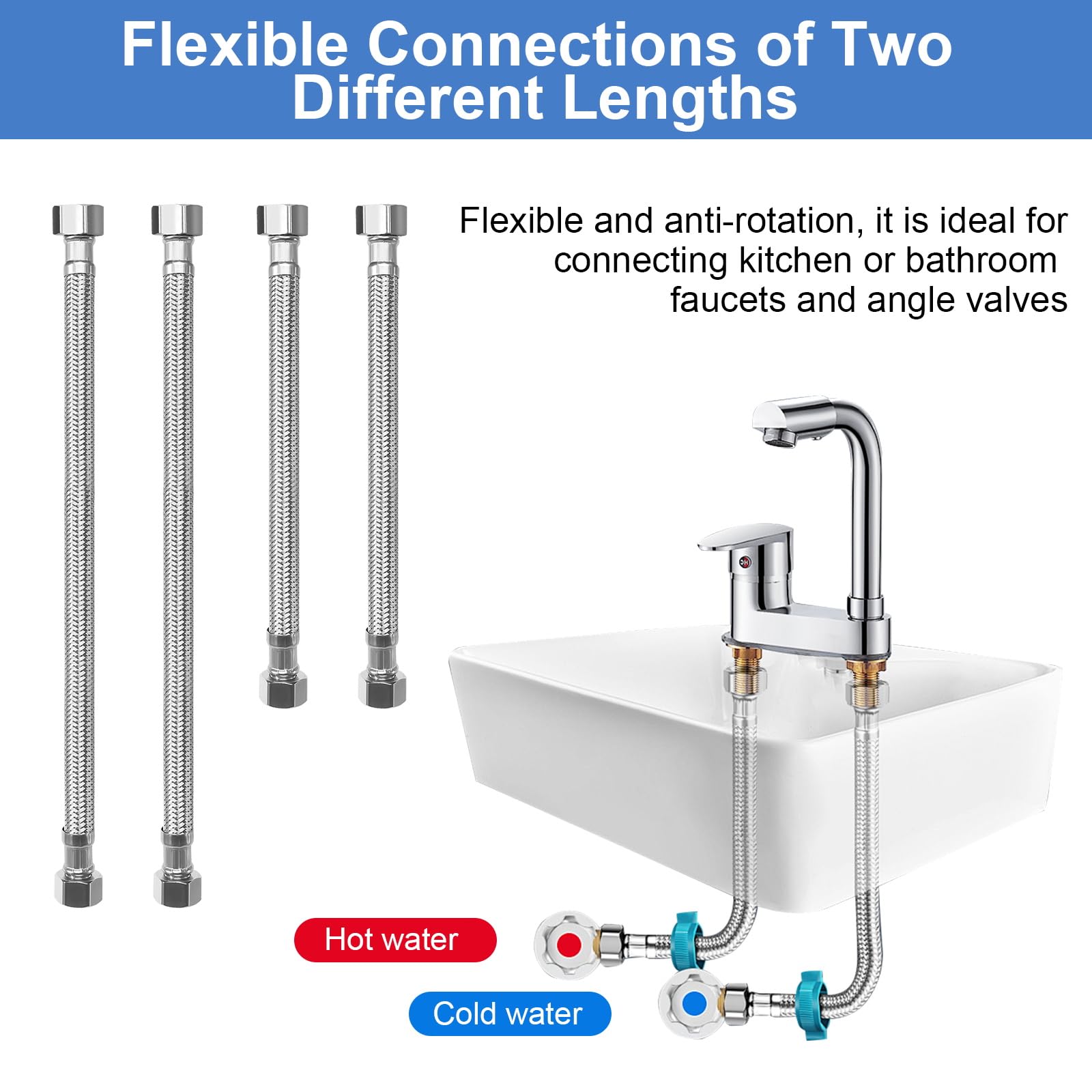 Tubo flessibile 3/8, 4 pezzi, tubo corazzato da 3/8 pollici, filettatura interna dell'acqua, prolunga 30 cm, 20 cm, tubo flessibile in acciaio inox, per rubinetto, bagno e WC