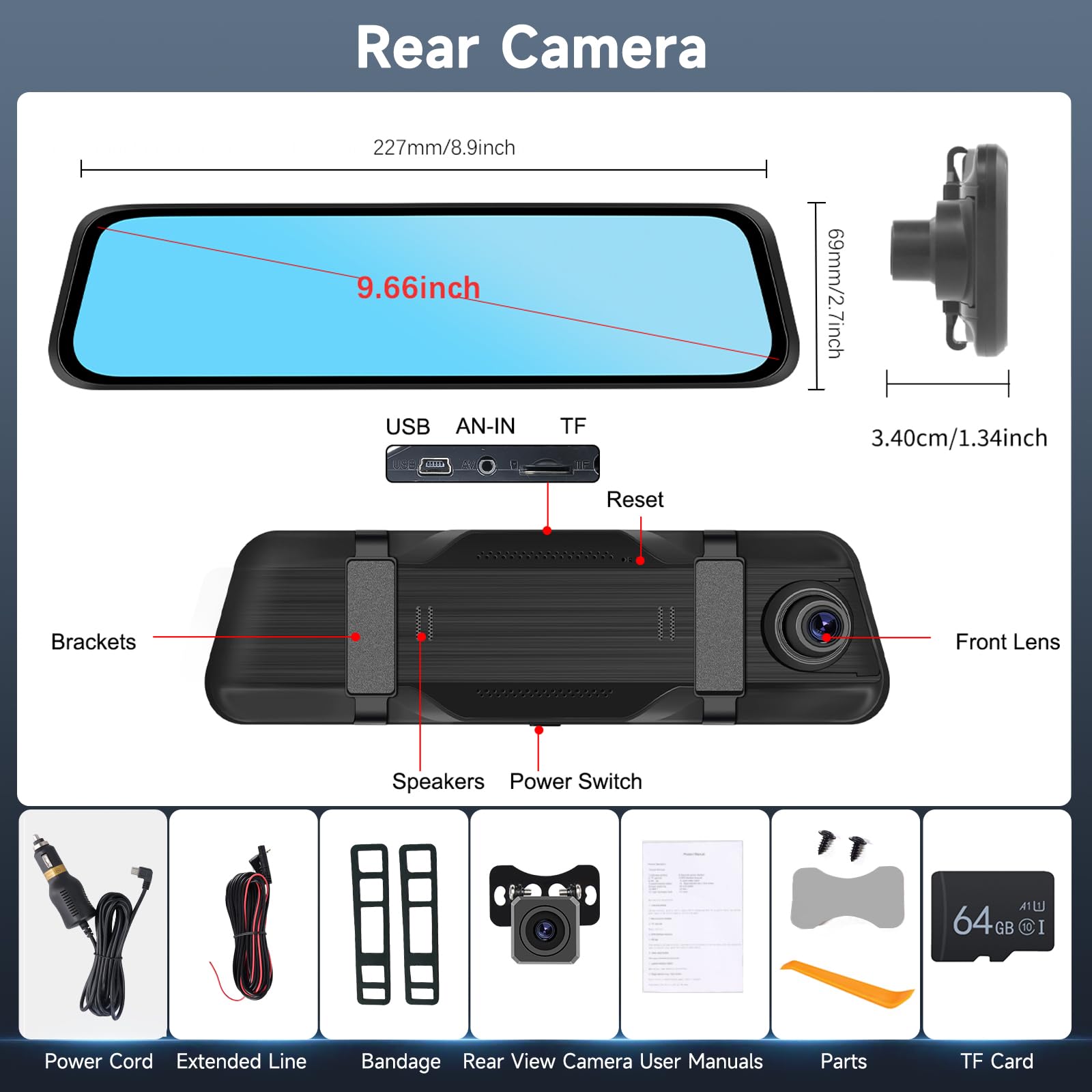 Rimoody Retrovisor con Camara 9,66'' Pantalla Táctil IPS Espejo Retrovisor con Camara con Tarjeta de 64 GB Gratuita Retrovisor Coche con Cámara, G-Sensor Grabación Durante 24 hor