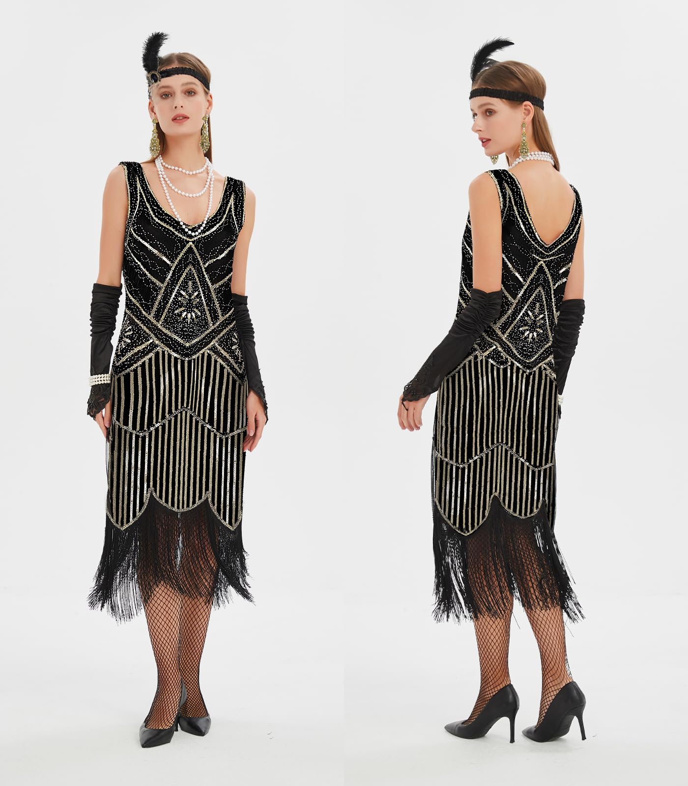 WILDPARTY Robe garçonne des années 1920 avec col en V et franges et accessoires des années folles