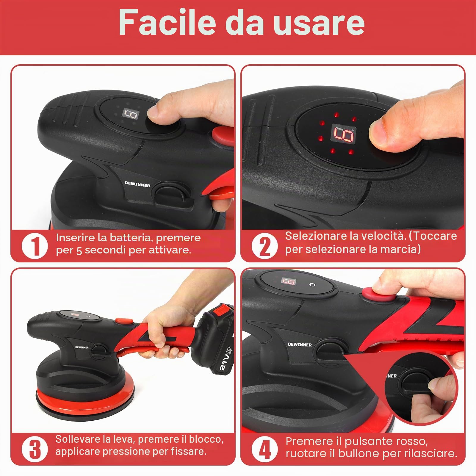 DEWINNER Strumento Di Vibrazione per Piastrelle - Ventosa Da 180 mm, Macchina per Piastrelle Elettrica a 6 Velocità Regolabile, Ventosa Vibrante per Piastrelle Da 0,3 a 2 M, Con 2 Batterie