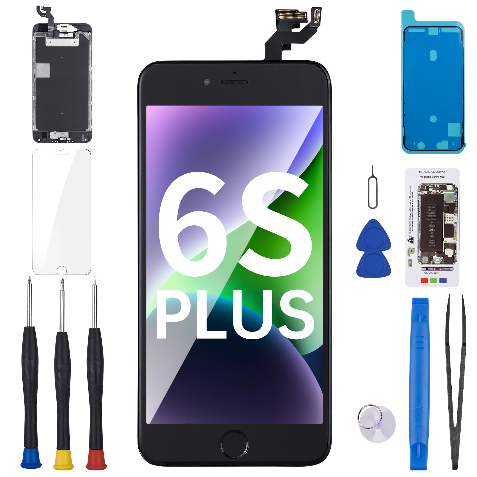 for iPhone 6S Plus Screen Replacement with Home Button 5.5" Black 3D Touch LCD Display Digitizer Fix Tool Full Assembly with Front Camera Speaker Sensor Glass Protector Repair Kit A1634 A1687