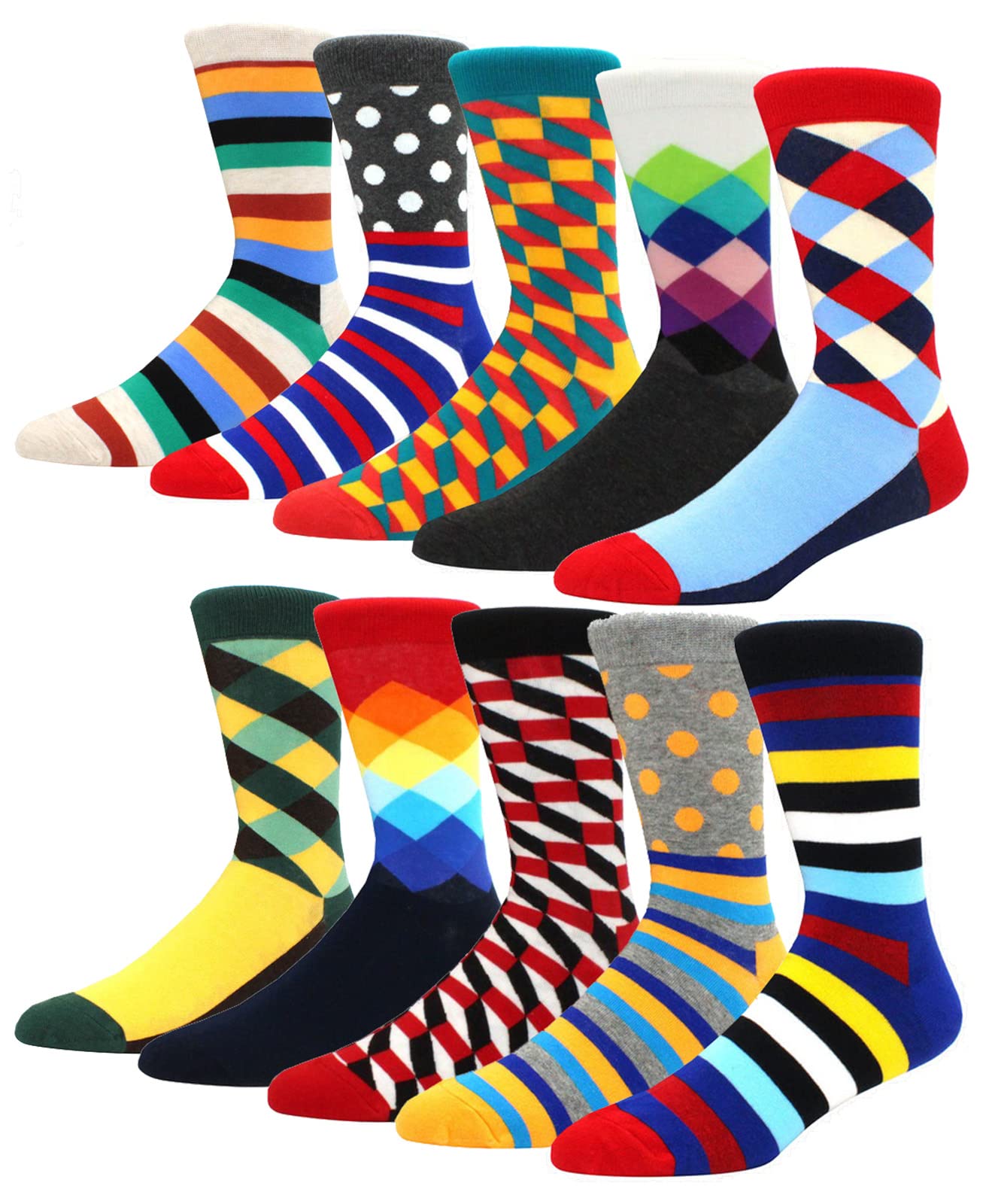 HIWEAR Mens Socks- Colorful Funky Novelty Design Rich Cotton,Men's Comfort Dress Calf Socks Multipack (UK, Alpha, One Size, Regular, Regular, Multicolor -10P-2)