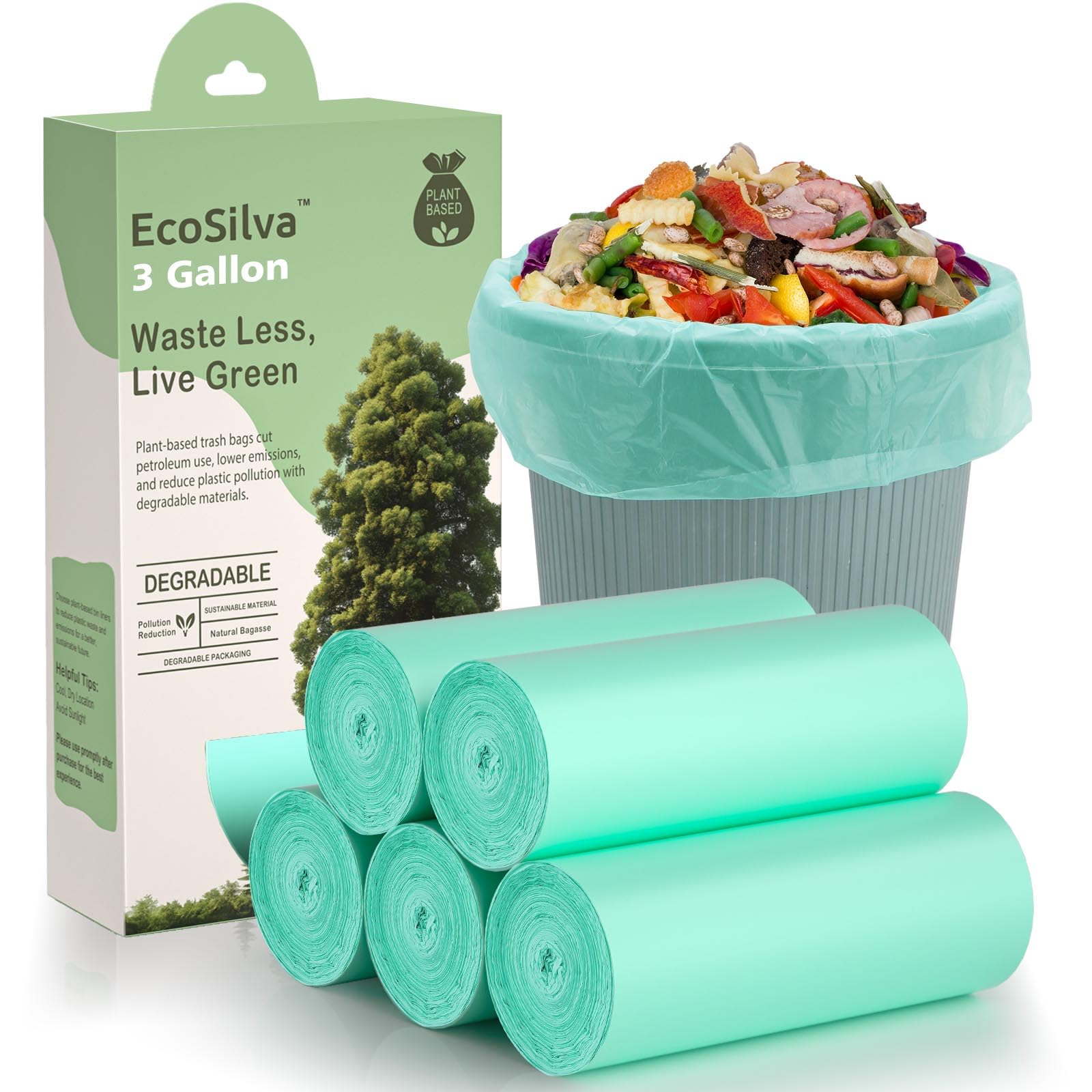 Bolsas de compostaje pequeñas de 3 galones, 125 unidades, bolsas de basura compostables pequeñas sin perfume, bolsas de basura biodegradables de 3 galones, aptas para baños de 11.36 litros