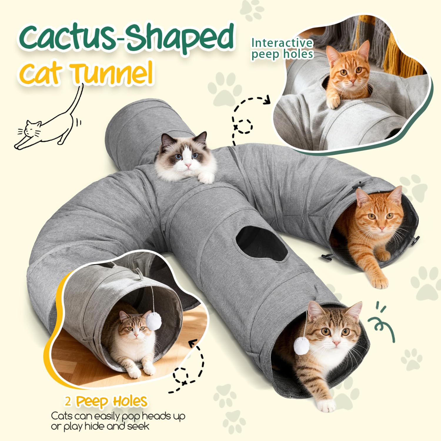 Nobleza Túnel para Gatos – Túnel de Juego Plegable de Tela Oxford Resistente, con Caña de Pescar y Agujeros de Espía para Diversión Interactiva en Interiores, Cactus