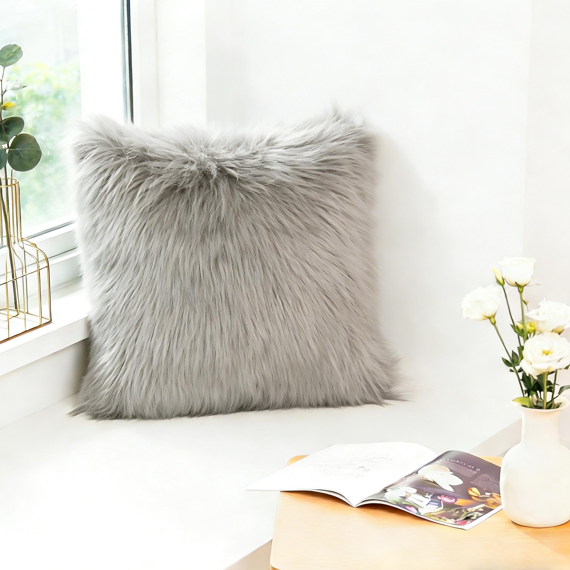 CROS 50 Pack Faux Fur Throw Pillow Covers 20x20 Inch, Ultra Soft Shaggy Decorative Cushion Covers with Hidden Zipper, Fluffy Plush Pillowcases for Sofa Couch Bed Bedroom Living Room, Grey