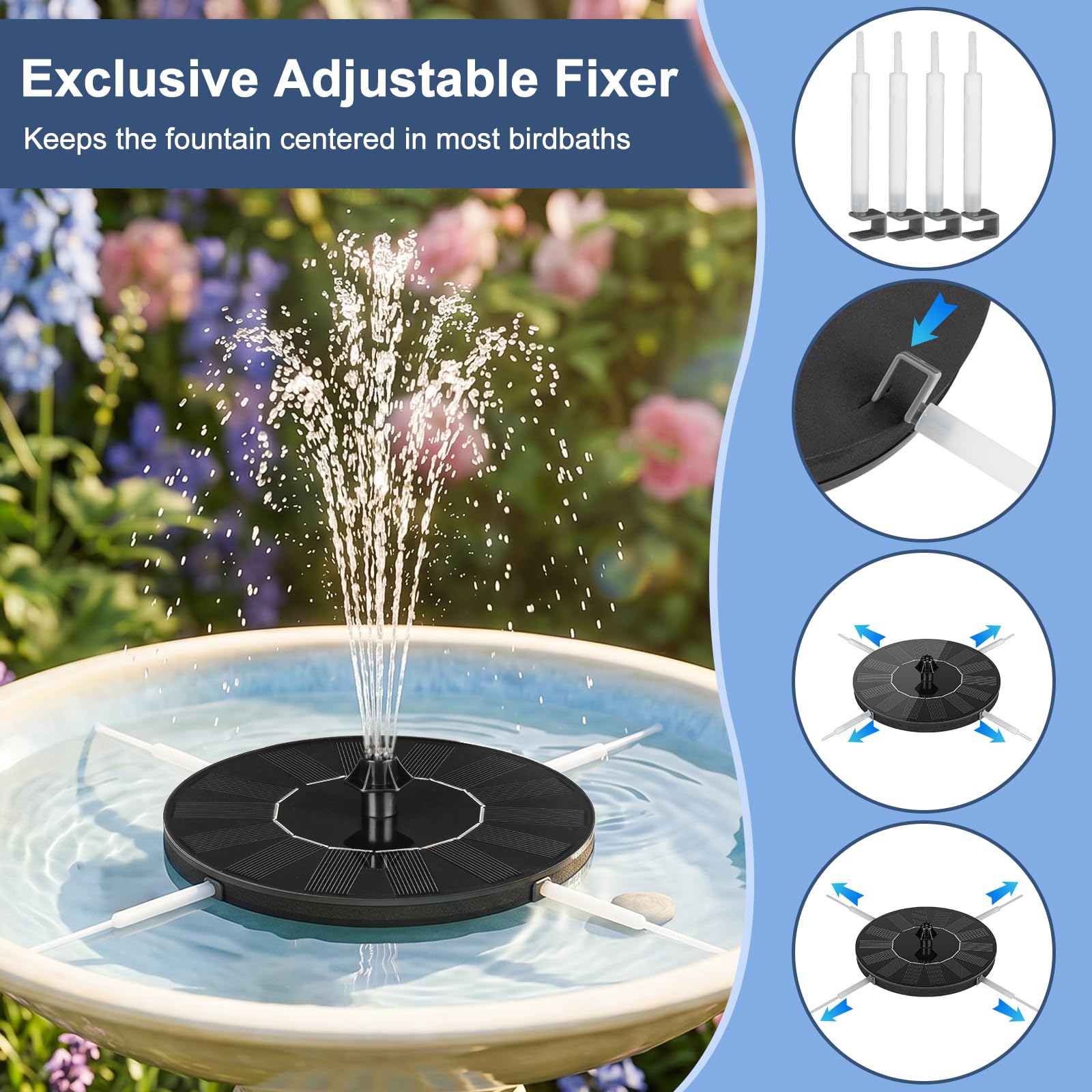 Mademax Solar-Vogeltränke, Brunnen, Pumpe, Solar-Springbrunnen mit 4 Düsen, Freistehend, schwimmend, solarbetriebenr Wasserbrunnen mit Pumpe, für Vogeltränke, Garten, Teich, Pool, Outdoor