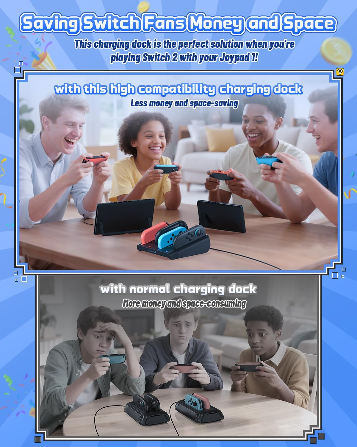 [Switch 1/2 Compatible] FASTSNAIL 8-in-1 Charging Dock for Nintendo Switch 2 & 1/OLED for Joy-Con 2, Dual-Direction Magnetic Fast Controller Charger Station Stand for Joycon 2/Joycon 1 (Black) - Image 2