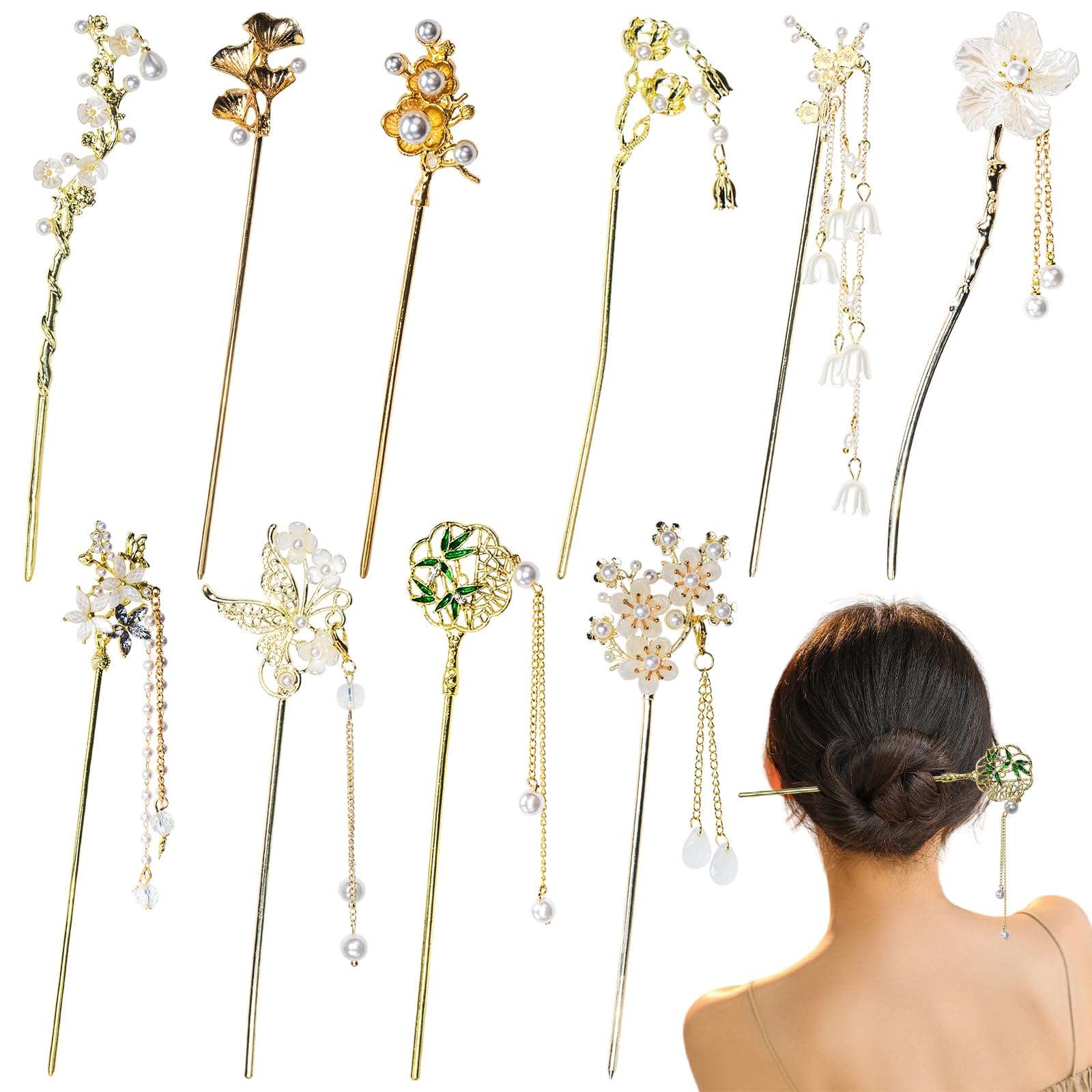 10 Pcs Decorative Vintage Retro Pearl Gold Metal Hair Sticks Pins with Pearl Jade Dangles Tassels Pendants, Chinese Hanfu Asian Flower Butterfly Hair