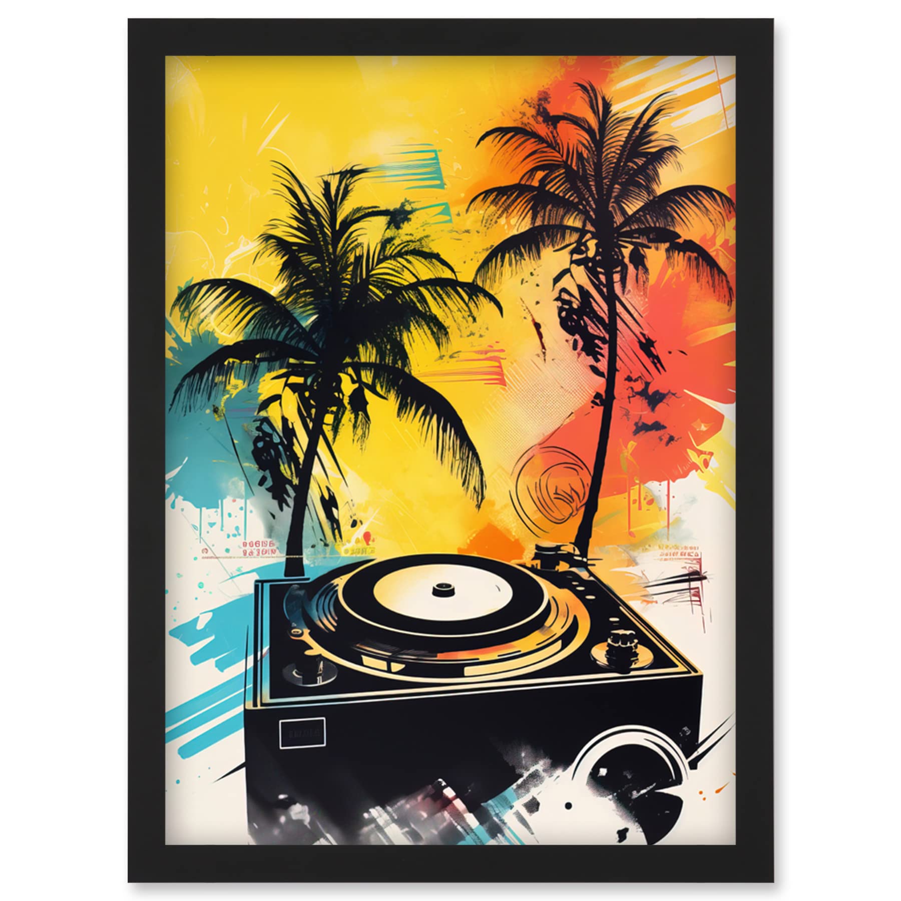 Artery8 Music Under Palm Trees Tropical Beach Party Modern Watercolour Painting Artwork Framed Wall Art Print A4