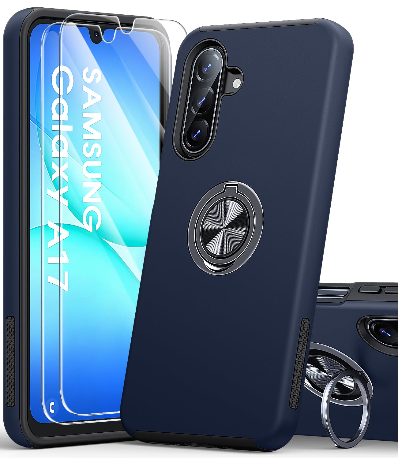 AOUIA für Samsung Galaxy A17 5G Hülle mit 2 Stück Panzerglas, Militärischer Stoßschutz Samsung A17 Hülle, 360° Drehbarer Ring Ständer Handyhülle für Samsung A17, Blau