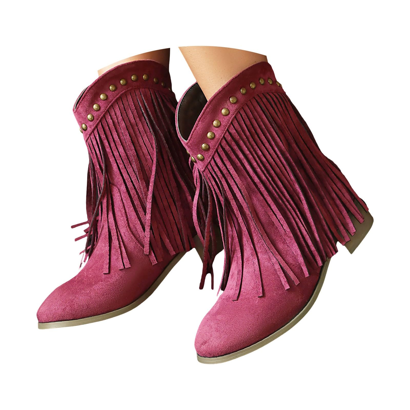 Comodi stivali da cowboy in denim da donna, stivali con frange bassi con tacco grosso, stivali retrò western, eleganti stivali da cowboy in pelle scamosciata, stivaletti da cowboy a metà polpaccio