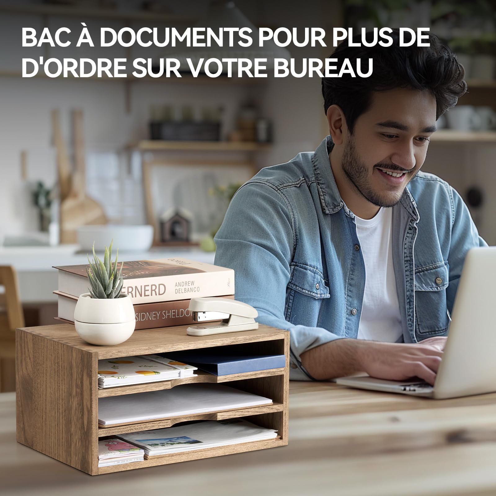 KIRIGEN Organisateur de Bureau en Bois - Armoire de Rangement Jaune-Brun pour Papier, Courrier et Magazines