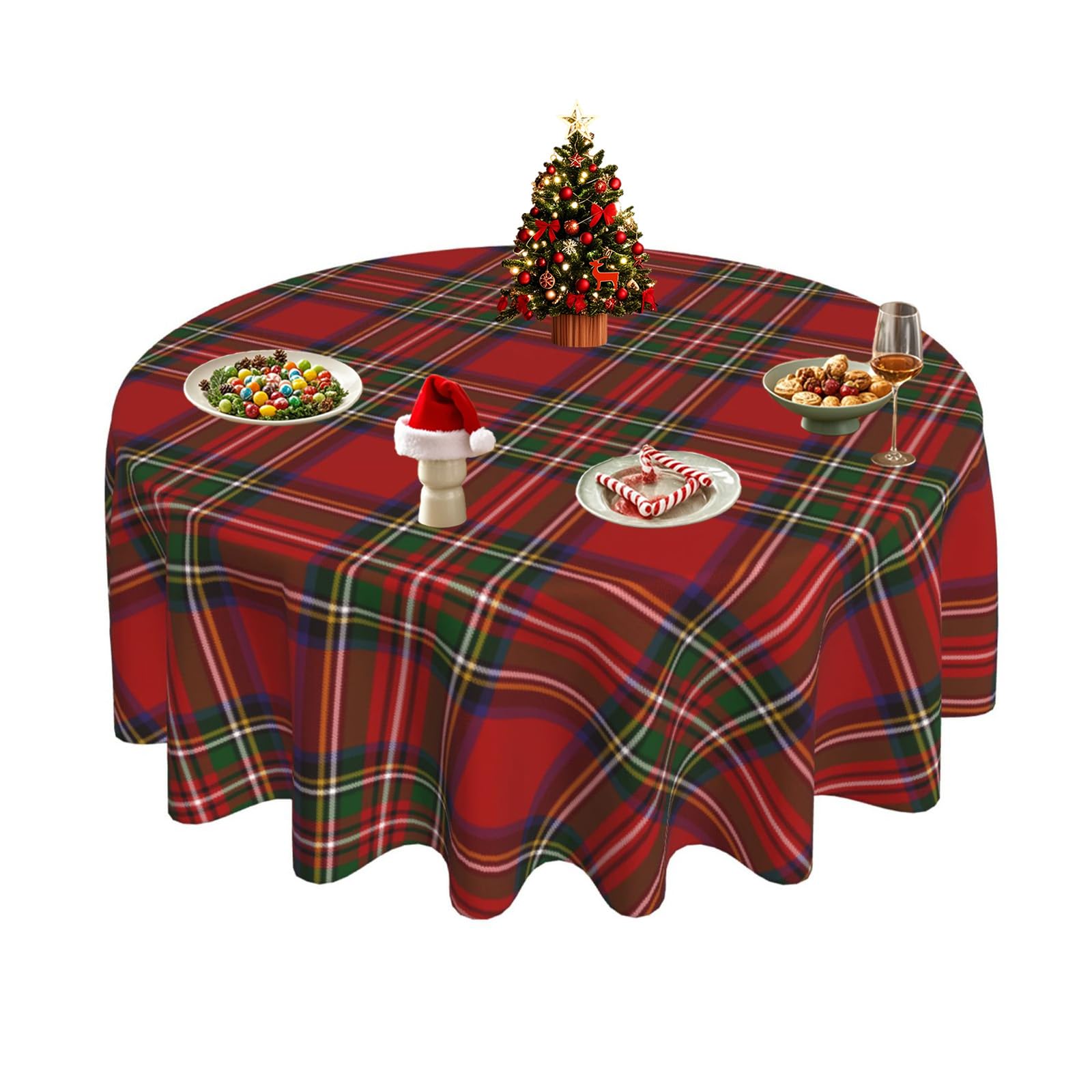 BYONEESS Christmas Table Cloths Round 70 Inch Red Green Buffalo Plaid Tablecloth Merry Christmas Winter Xmas Table Covers for Holiday Party Dining Kitchen Picnic Patio Outdoor Decor — image 1