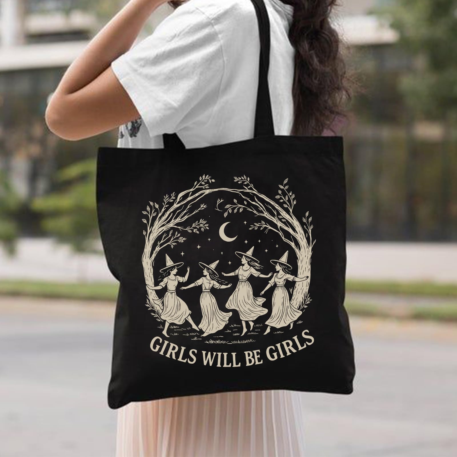 Girls Will Be Girls Witchy Canvas Tote Bag– Aesthetic Witchy Gifts for Women, Cute Spooky Reusable Travel Tote, Witch Inspired Canvas Gift, Black