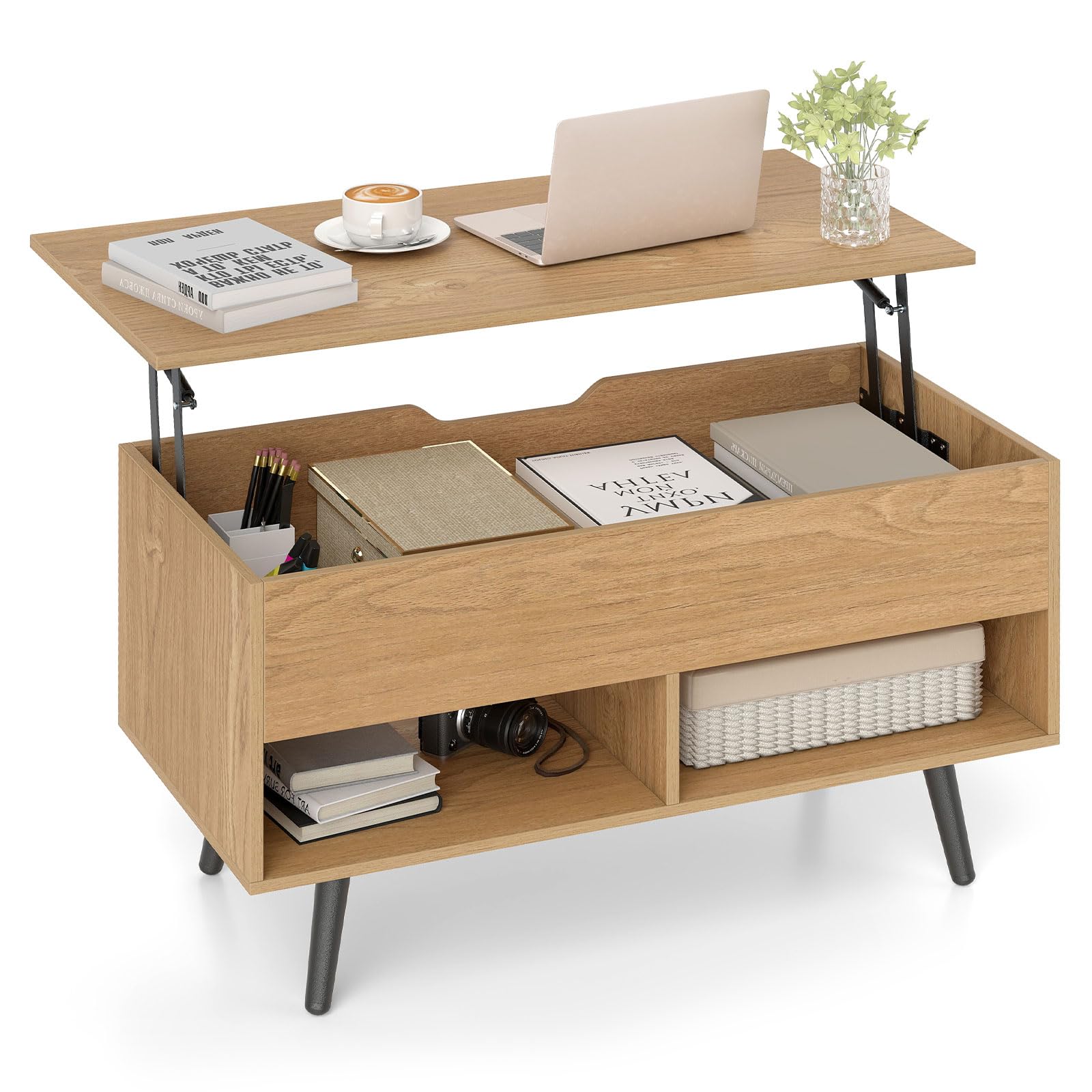 COSTWAY Lift Up Top Coffee Table, Wooden Lifting Cocktail Center Table with Hidden Storage Compartment and Open Shelves, Rectangle Accent Sofa Side Tea Tables for Living Room Office (Natural)