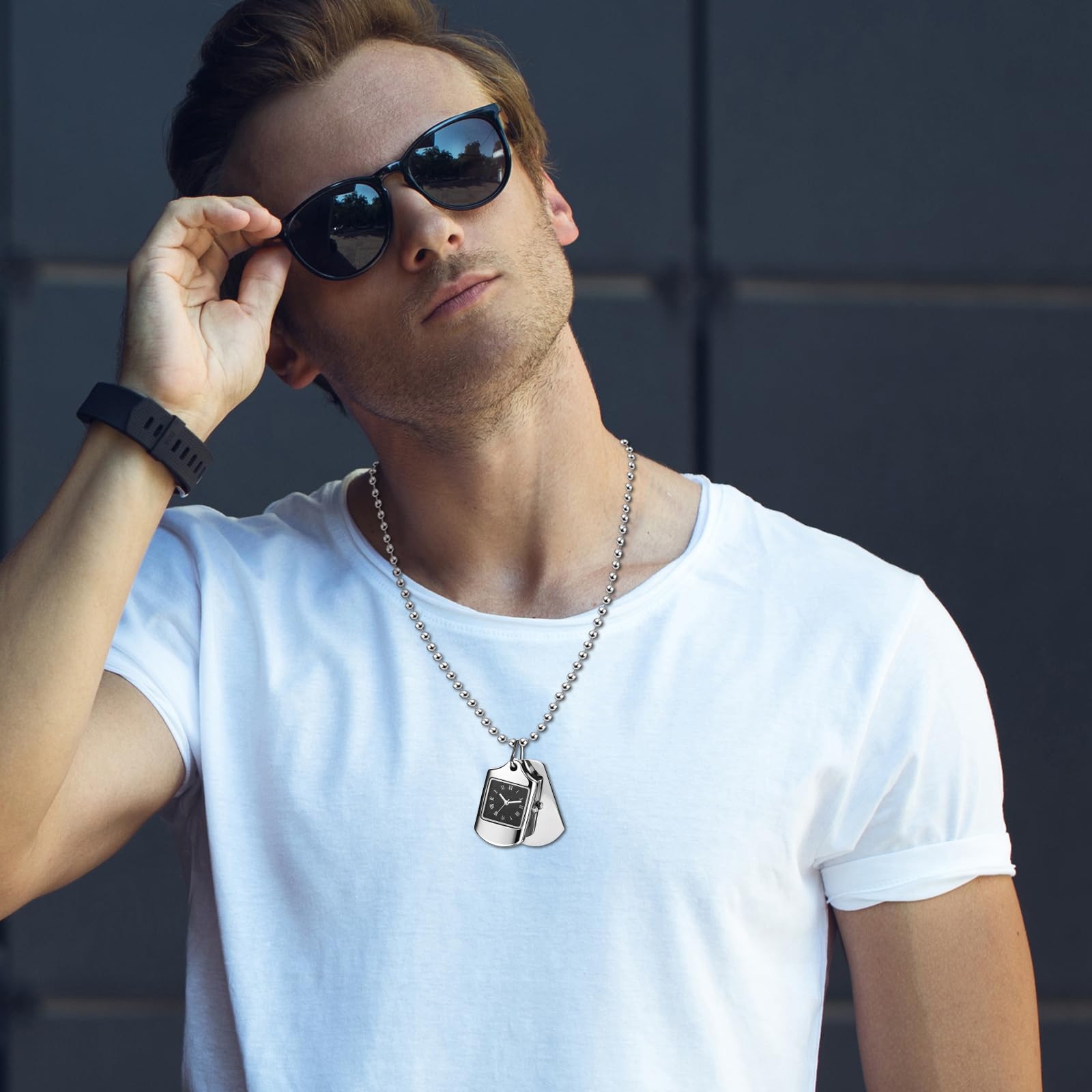 JewelryWe Zegarek kieszonkowy, łańcuszek na szyję z zegarkiem i nieśmiertelnikiem: 2 szt. analogowy kwarcowy zegarek łańcuchowy, cyfry rzymskie, prostokątny, wojskowy, nieśmiertelnik, wisiorek