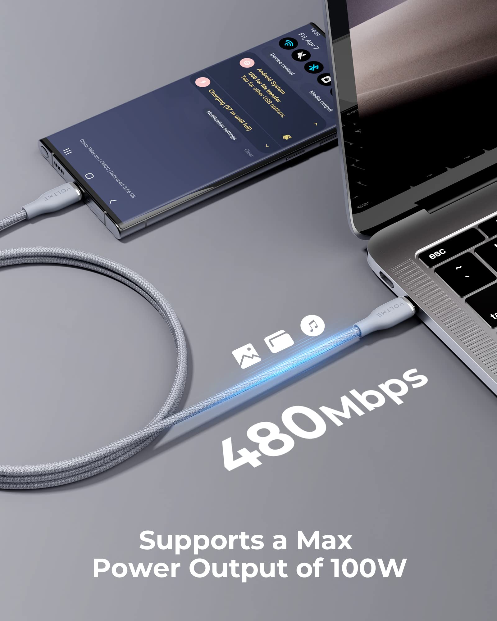 VOLTME Set di 2 Cavo USB C a USB C PD 5A 100W Nylon Intrecciato 1.80m, RUGG USB-C Tipo C Cavo di Rapida Compatibile con MacBook, MateBook pro, Pixel 7/6 Pro/5/4XL, iPad Pro, Galaxy, ecc. (grigio)