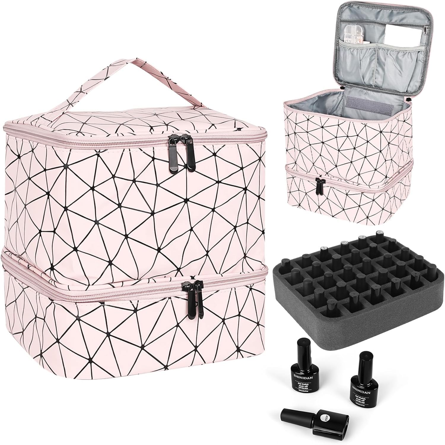 Travel Nail Polish Organizer Bag Large Capacity Double Layer Makeup Case for 30 Bottles Nail Art Tool Storage with Handle, Customizable Compartments Multi Pouches for Travel (Pink)-image-47