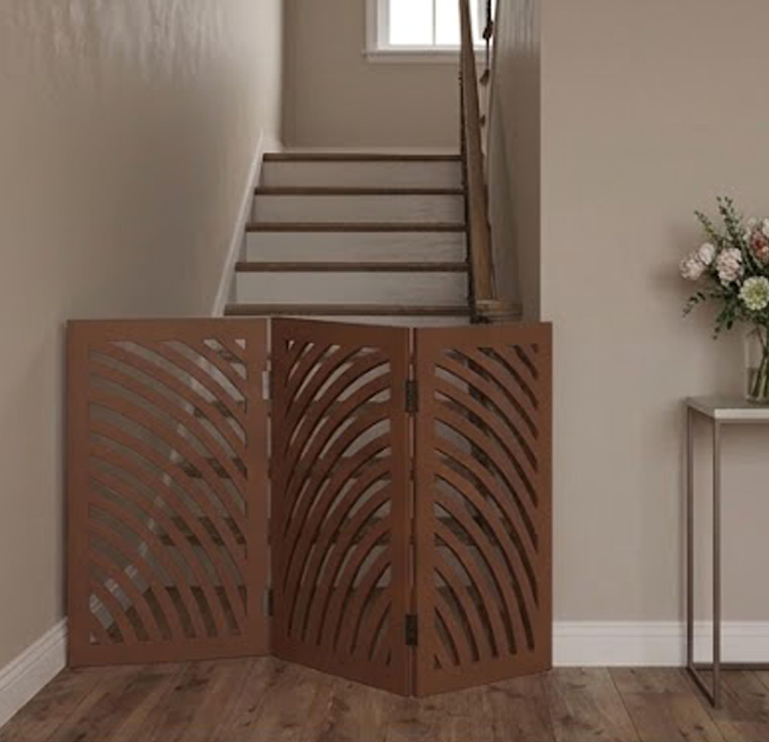 Wooden Freestanding Foldable Dog, Cat, and Baby Safety Partition | Indoor, Outdoor Pets Puppy Safety Fence for Stairs, Bedroom, Main Gate, Kitchen, or Other Hazardous Areas (Brown, 2 Panel D2)-image-14
