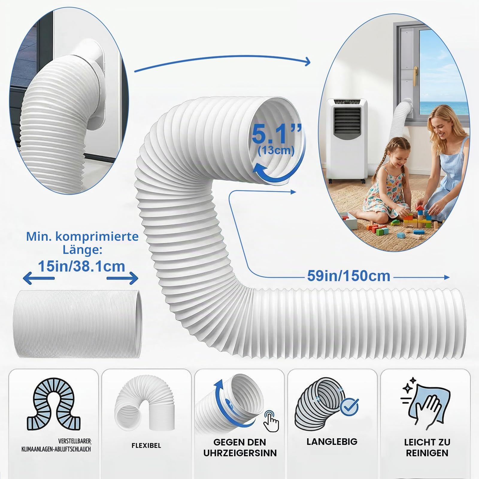 Klimaanlage Fensterabdichtung Kit, 4 Platte Mobile Klimagerät Fensterkit Verstellbar 43-150cm, Fenster Klimaanlage Abdichtung mit Adapter 130mm Abluftschlauch für Horizontalen Schiebefenster