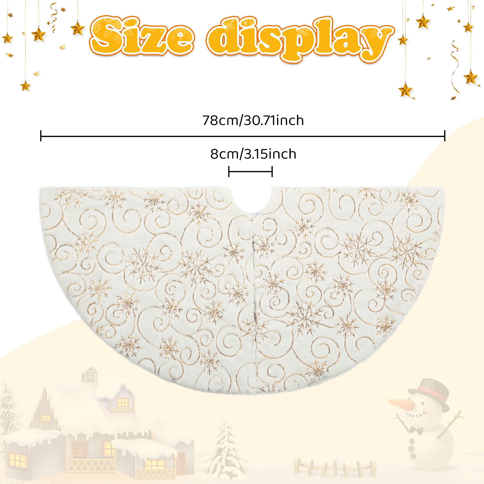 CITÉTOILE Weihnachtsbaum Rock Christbaumdecke Kunstfell Glitter Schneeflocke Rund Weihnachtsbaumdecke Fell Christbaumständer Teppich für Weihnachtsfeiertag Deko, Weißes Gold, S