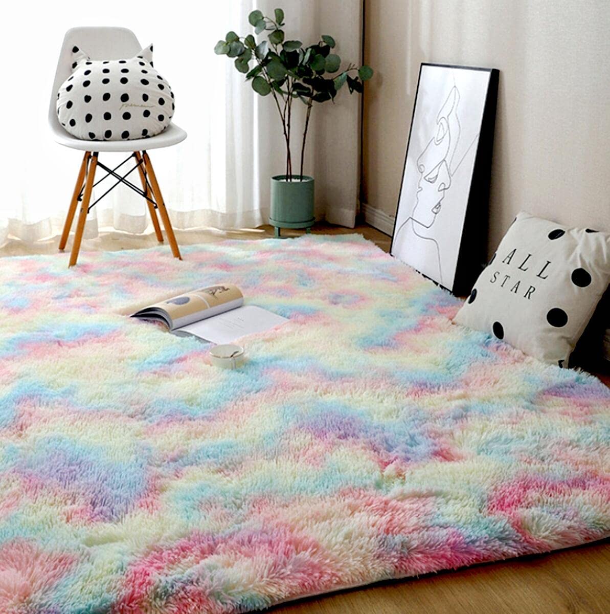 Tapis Chambre Tapis de Décoration Moelleux Shaggy Longues Soft pour Salon antidérapant for Bedrooms Living Kids Rooms Decor (Arc en Ciel, 160X200CM)