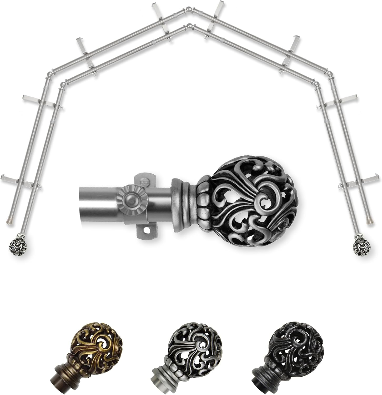 A&F Rod Décor - Baroque 13/16" 4-Sided Double Bay Window Curtain Rod - Satin Nickel