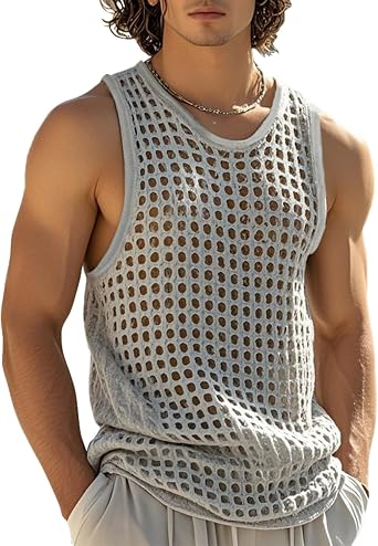 MIZOK Mens Knitted Crochet Tank Top Summer Hollow Sleeveless Tops Scoop Neck Loose Shirts