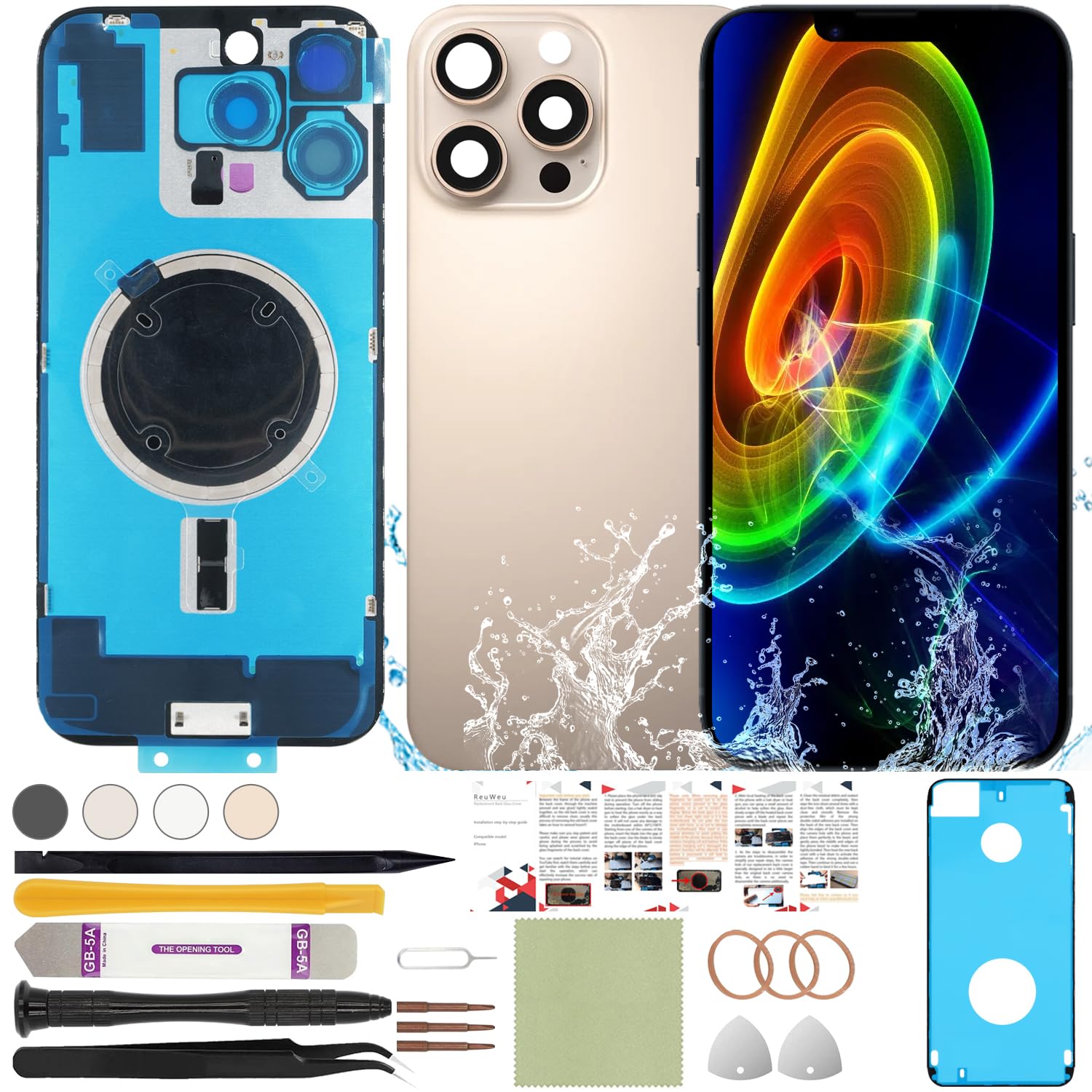 ReuWeu Back Cover Replacement Compatible with iPhone 16 Pro All Carriers 6.3" + Pre-Installed Plate and Camera Frame + Professional Tools (Desert)