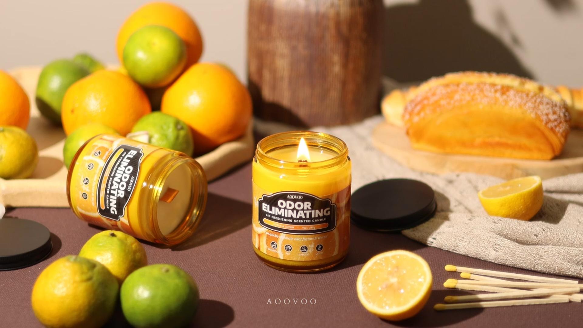 Image of AOOVOO Citrus & Lemon 2 Pack Odor Eliminating Highly Fragranced Candle - Eliminates 95% of Pet, Smoke, Food and Other Smells Quickly, Non Toxic Air Freshing Soy Candle, 18 oz Up to 100 Hours Burn time