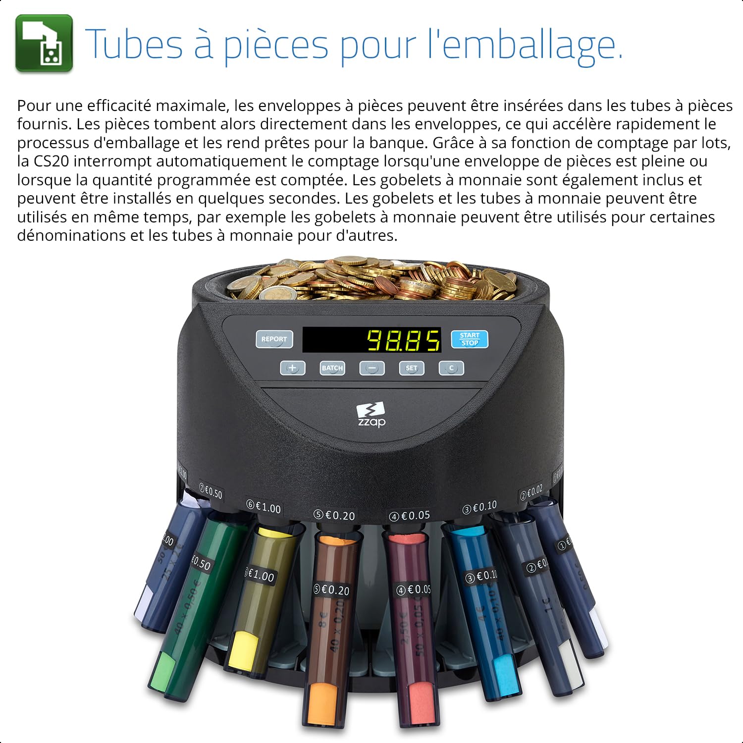 ZZap CS20 - Compteuse et Trieuse Automatique de Pièces EURO Machine de Comptage de Monnaie. Compteuse de Pièces avec Tubes de Tri