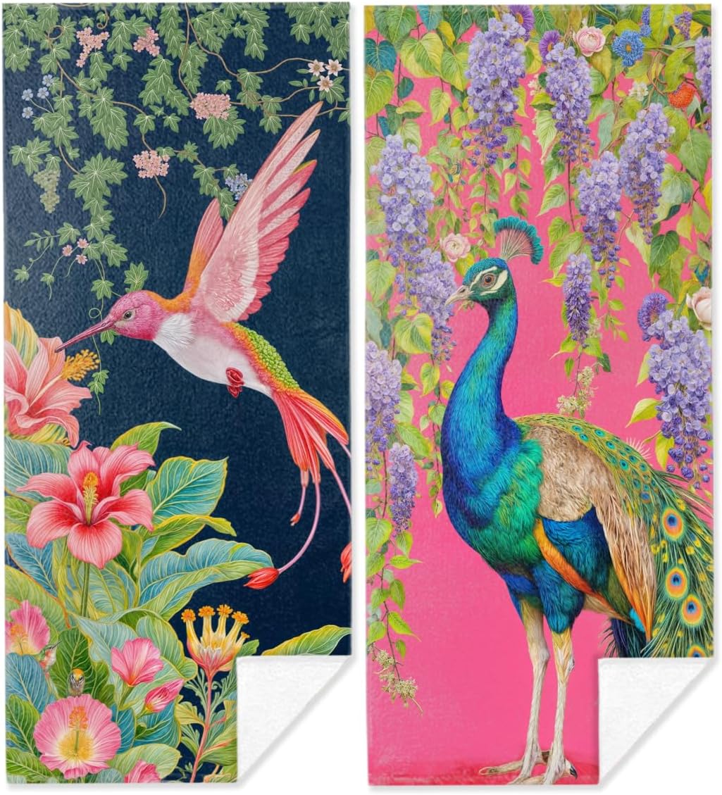 2 Pack Vibrant Tropical Leaves Jungle Bird Hummingbirds Flower Beach Towel Microfiber Quick Dry Oversized Swim Towels Beach Accessories Cruise Vacation Necessities for Pool Camping Travel 32x71 inch