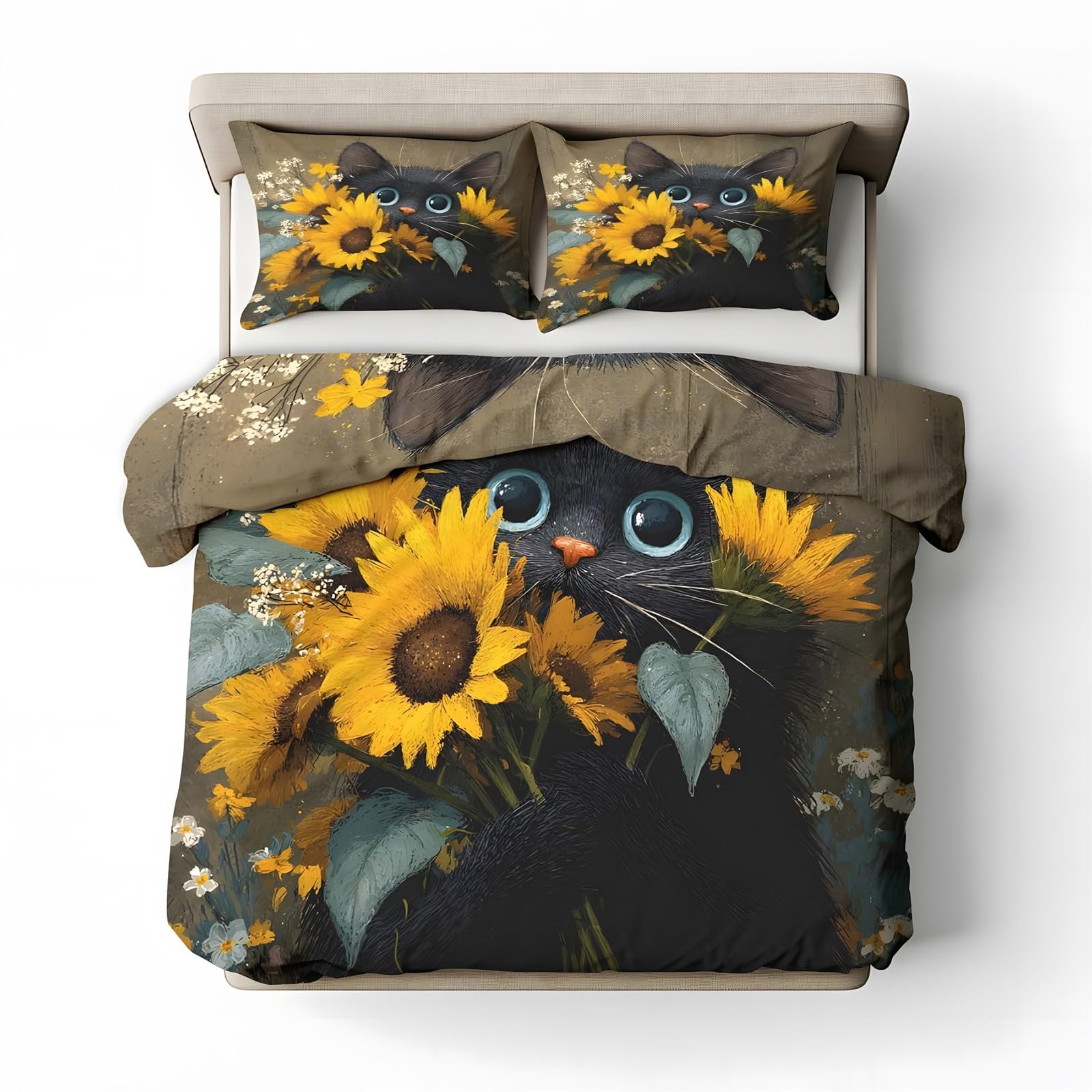 Ypthriline Double Bedding Set Sunflowers Bedding Set Microfiber Black Cat Duvet Covers with Pillowcases Reversible Bedding With Zipper Closure 200x200CM