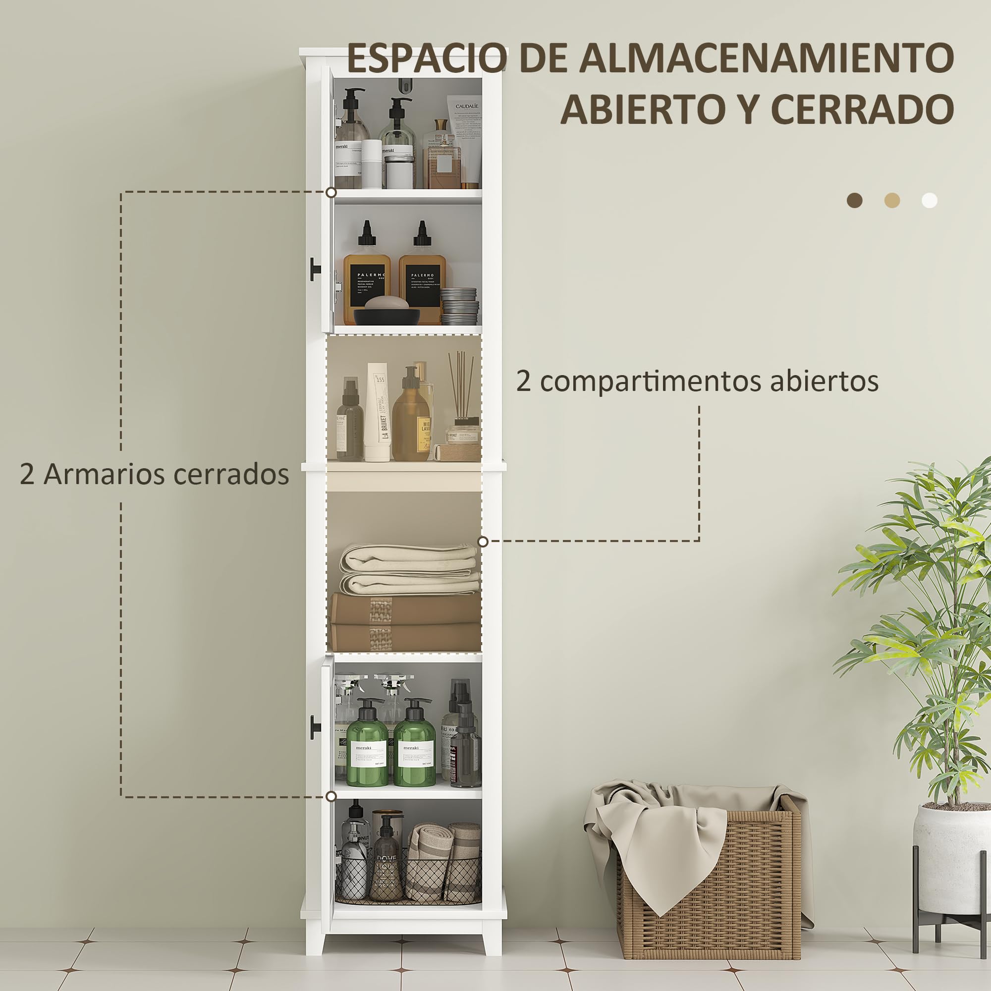 HOMCOM Columna de Baño 2 Puertas y 2 Compartimentos 40x30x167,5 cm Blanco | Frontal de Ratán, Armario Alto de Baño Boho, Estantes Ajustables