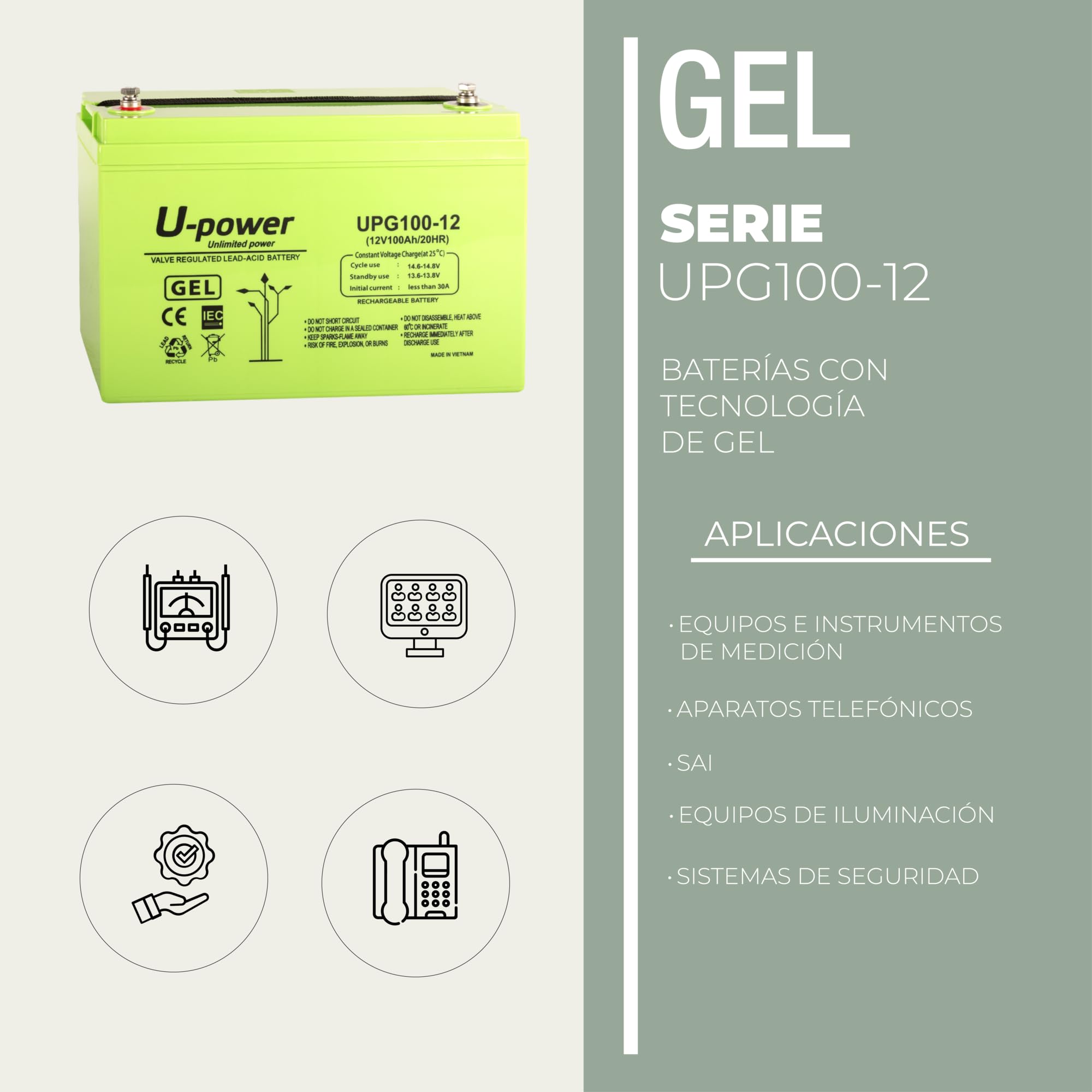 U-Power - Hermetische Gel-Batterie 33Ah 12V - Akkus Metrische Schraubklemme M6