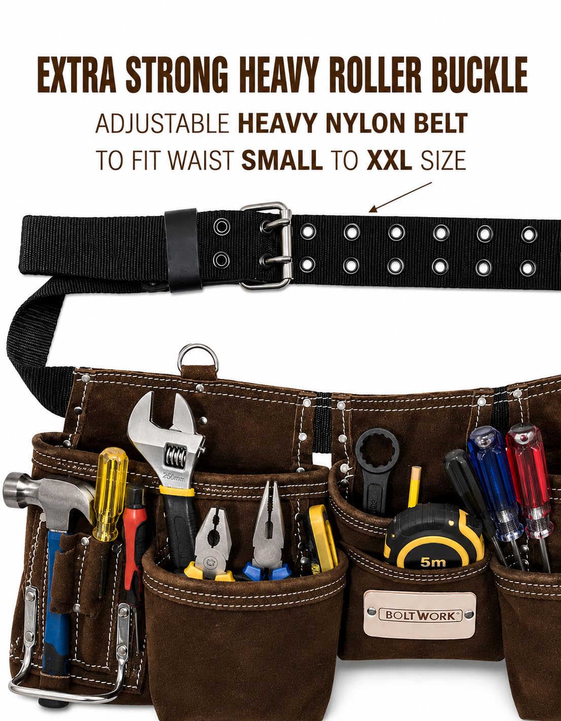 BOLTWORK Pochette à outils en cuir Pro Heavy Bag Organizer Hand Tools avec ceinture réglable en nylon et boucle en métal pour s'adapter aux tailles S à XXL, 1 % de la valeur de vente sera reversée à