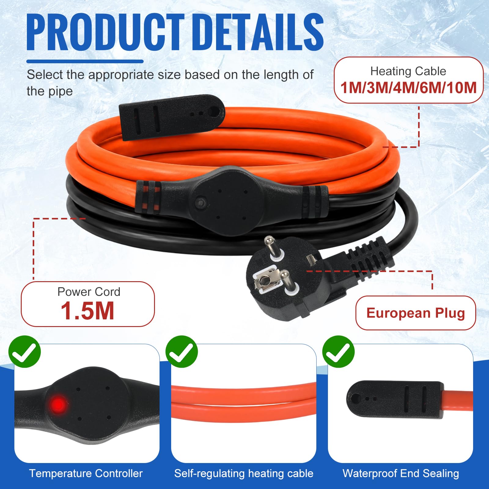 Cavo riscaldante con termostato, 25 W/m, filo riscaldante autoregolante, IP65, impermeabile (3 m)